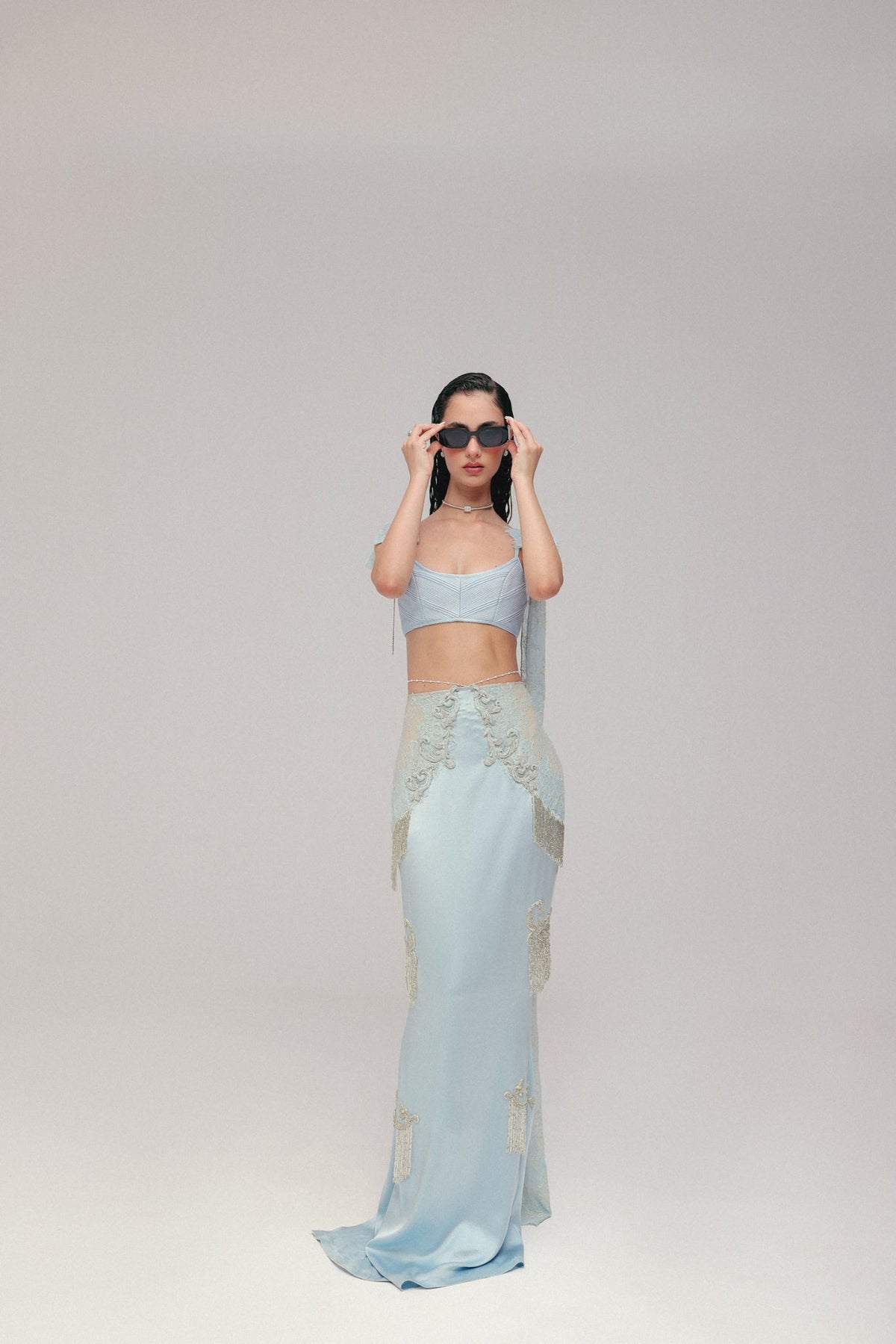 Bugle Bead & Crystal Embroidery, Silk Satin & Lace, Skirt Set, Crop Silhouette