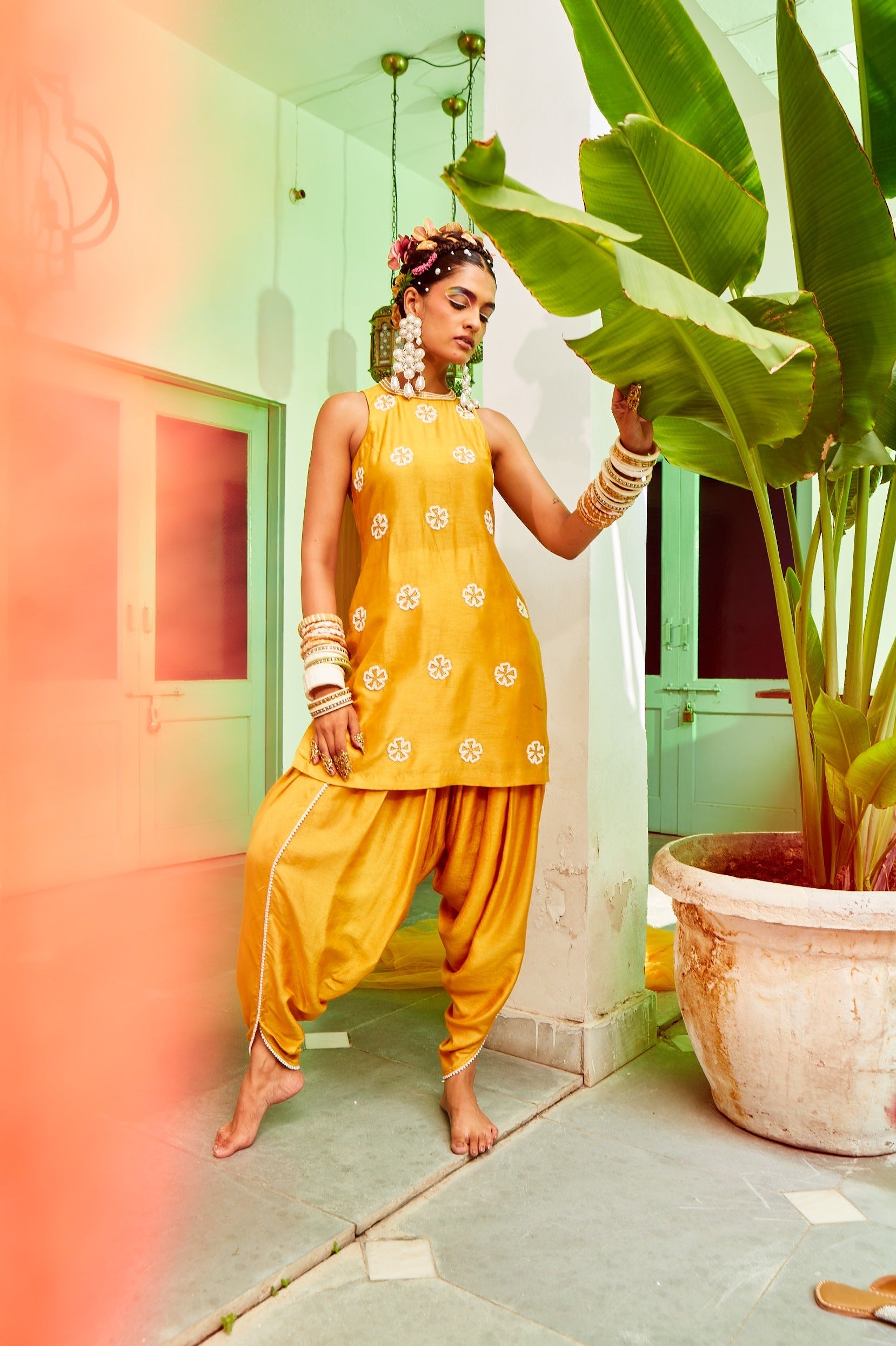 Mustard Short Kurta With Tulip Pant