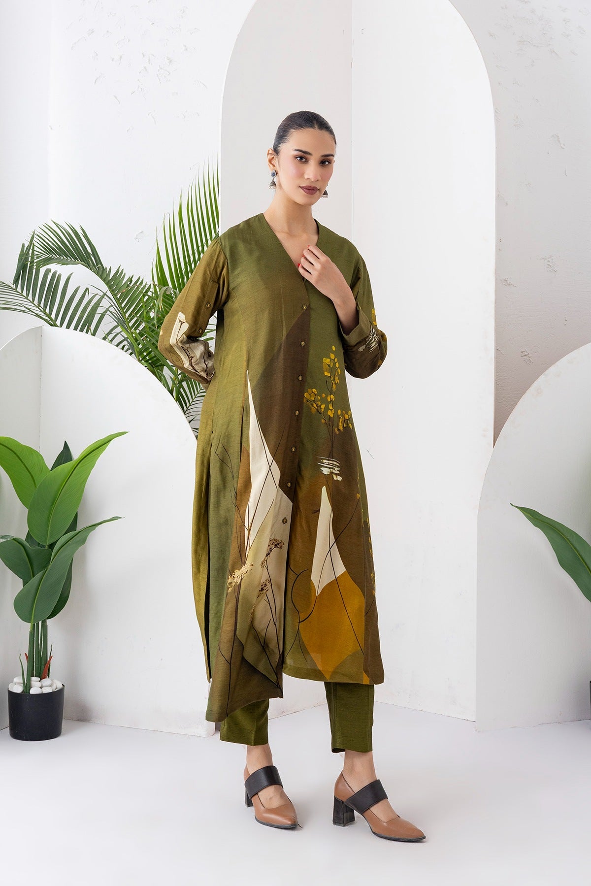 Moss Green Shaded Viscose Dupion Printed High-Low Dress Set (2 PCS)