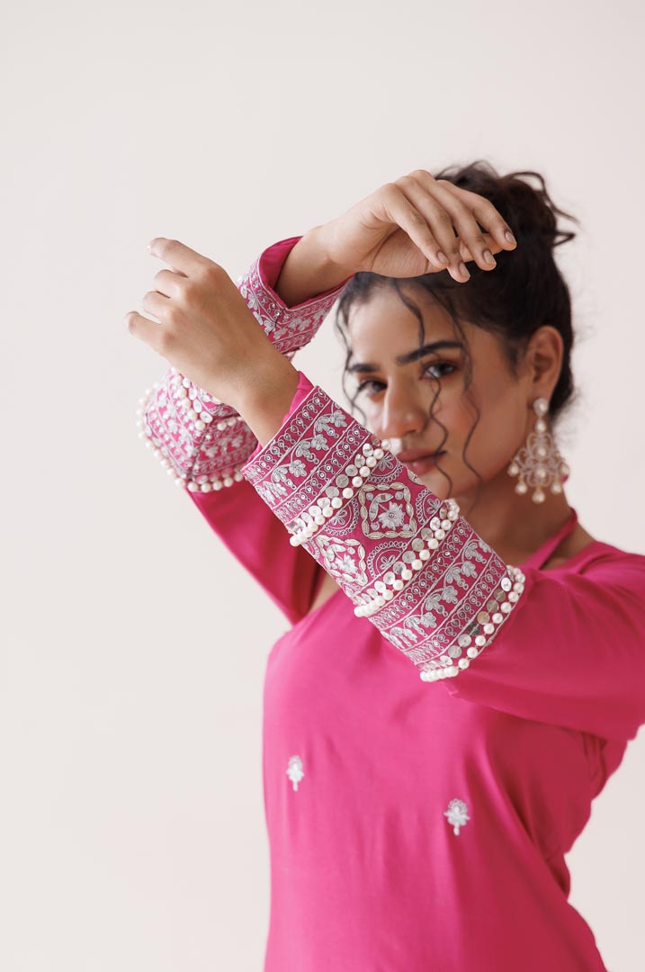 Hot pink chanderi halter neck kurta set