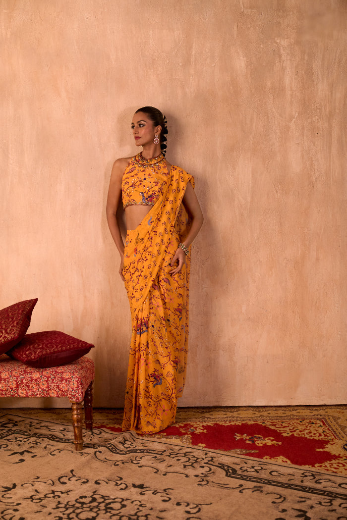 YELLOW PRINT EMBROIDERED HALTER CHOLI AND PREDRAPED SARI SET - image 6