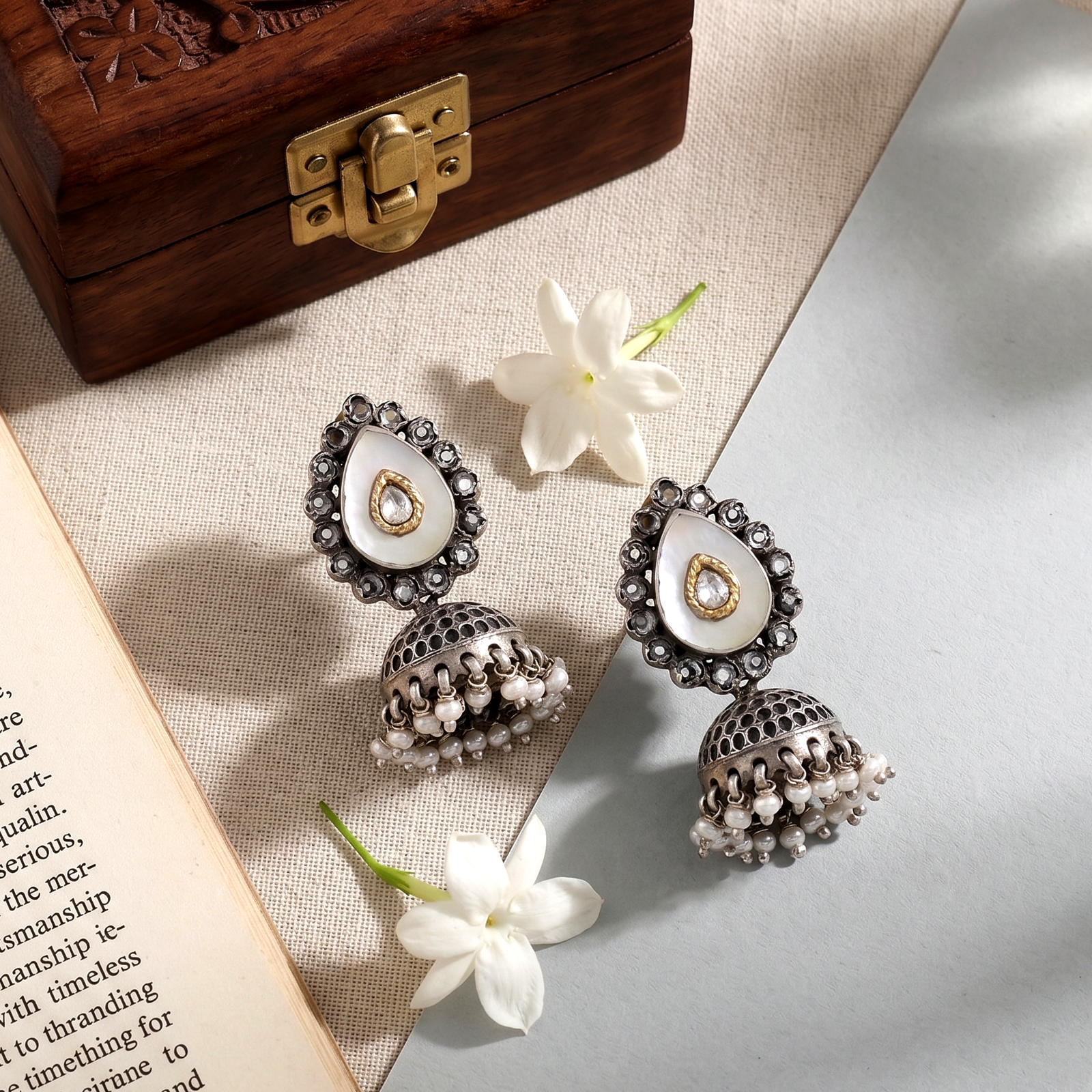 Sangeeta Boochra Handcrafted Mother of Pearl Oxidised Earrings