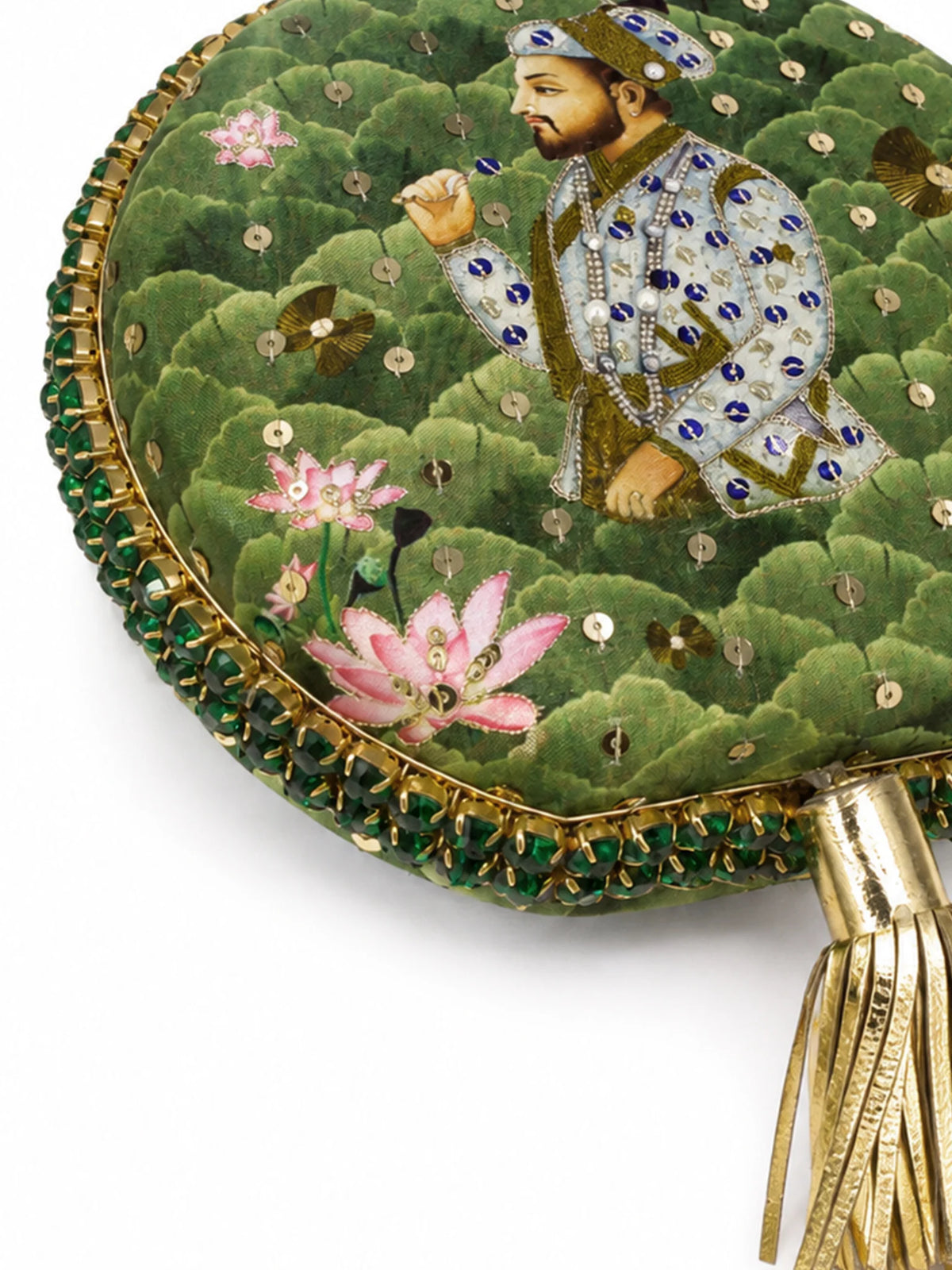 Green Lotus Print Round Clutch Bag with Shehzada Portrait & Tassel