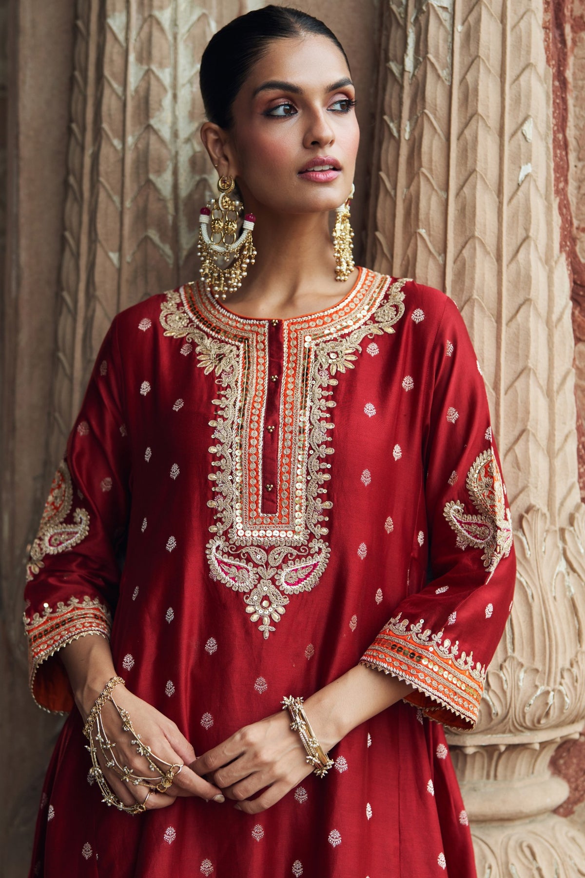 Deep Red Pure Silk Chanderi Chauga Kurta with Salwar Set