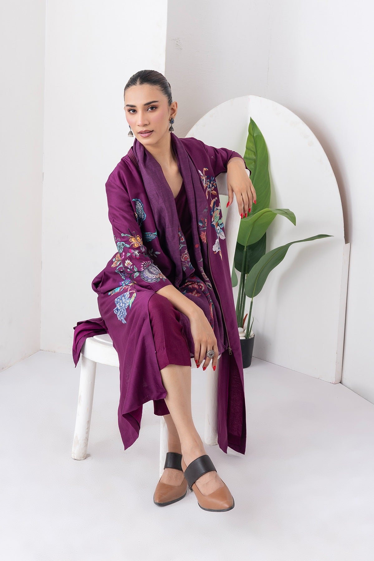 Wine Silk Chanderi Floral Printed Front Open Dress Set (3 PCS)