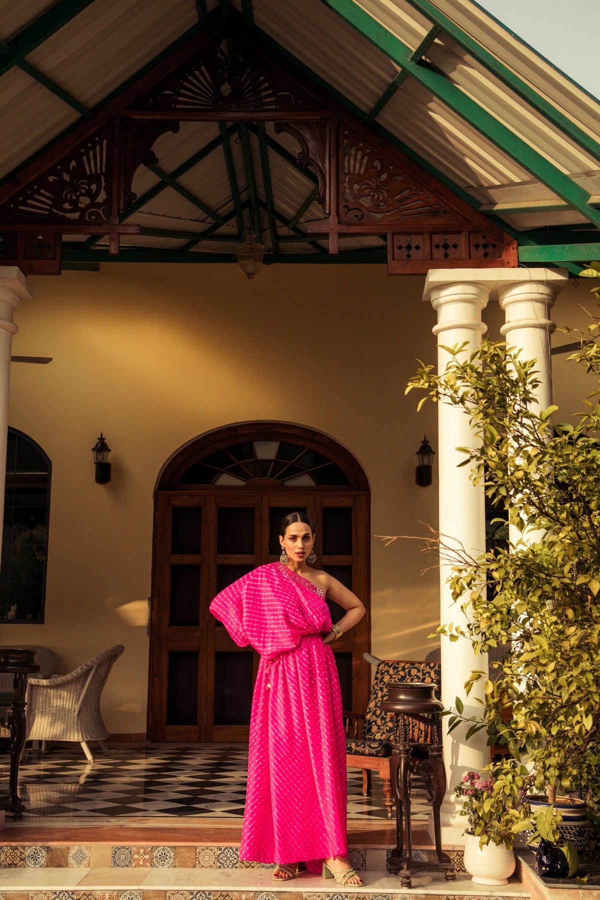 One shoulder leheriya dress