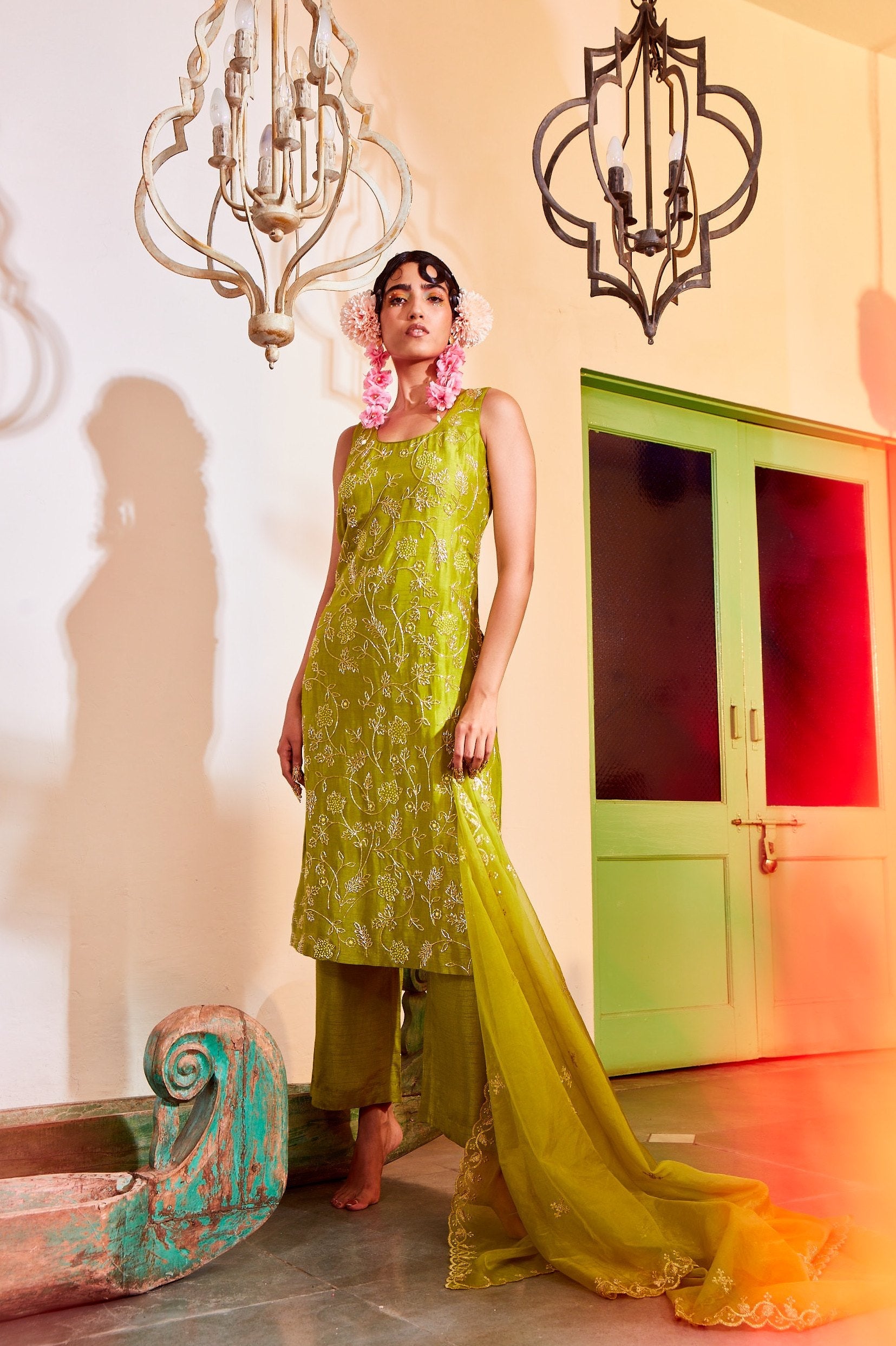 Green Straight Kurta Pants