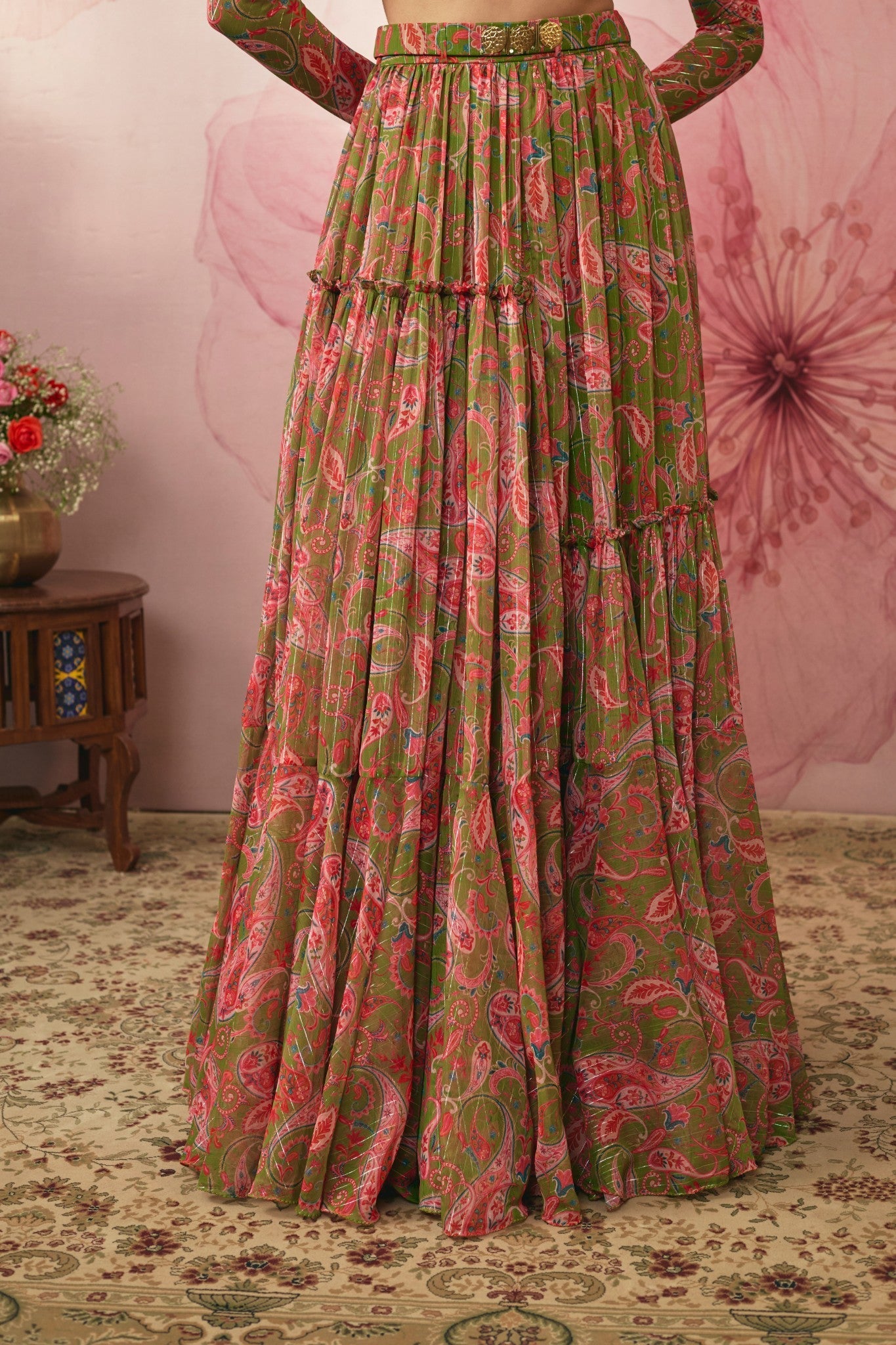 GREEN PAISLEY PRINTED LEHENGA SET
