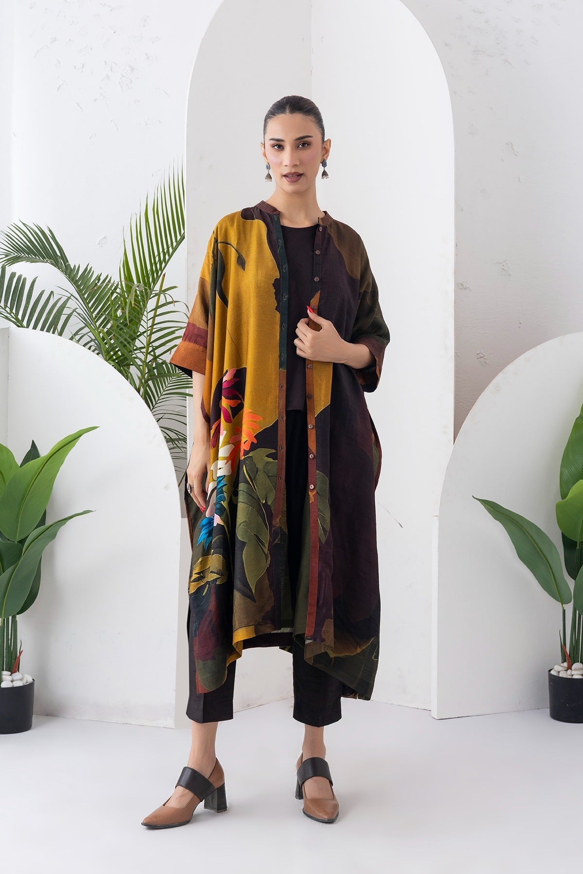 Mustard & Brown Viscose Dupion Printed Kaftan Style Dress Set (3 PCS)