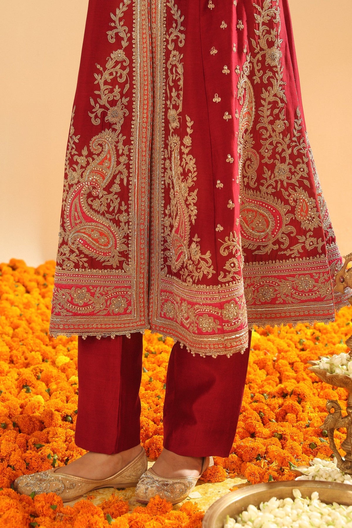 Minara - Deep Red Long A-line Jacket with Pant and Dupatta