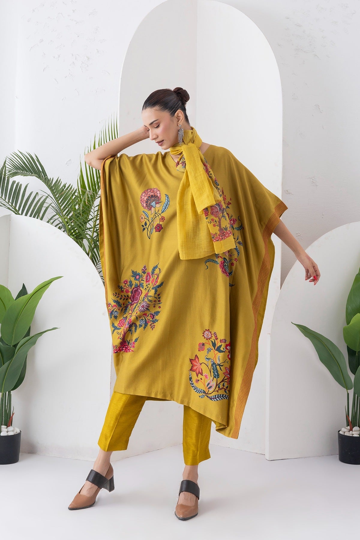 Mustard Silk Chanderi Chintz Printed Kaftan Set (2 PCS)