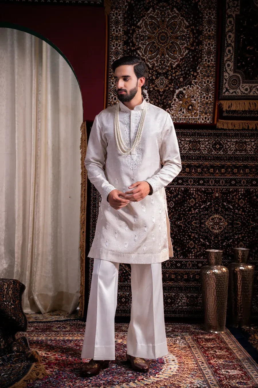 Ivory Heritage Embroidered Linen Silk Kurta