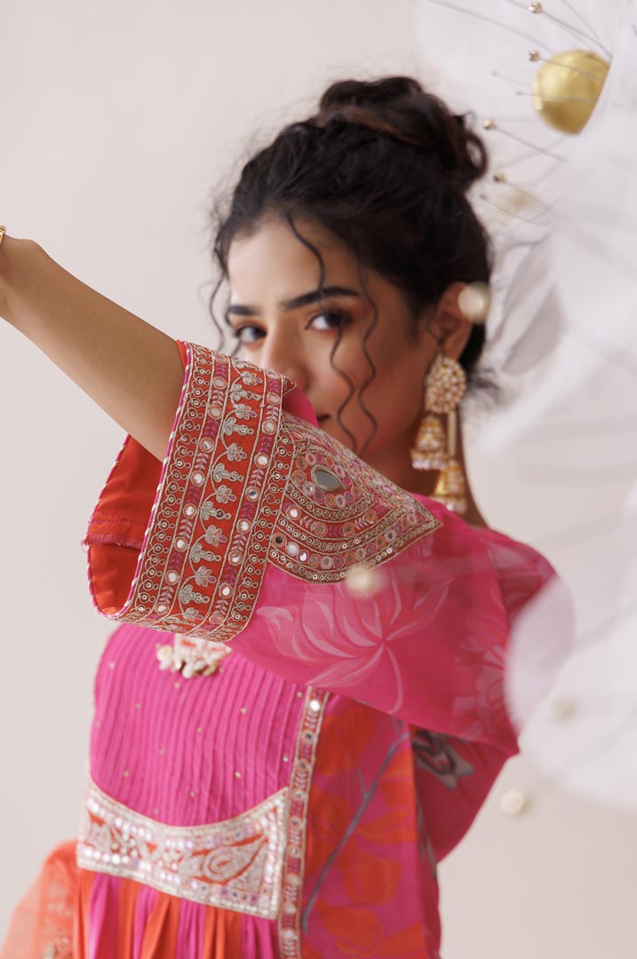 Pink and orange dori work kurta set