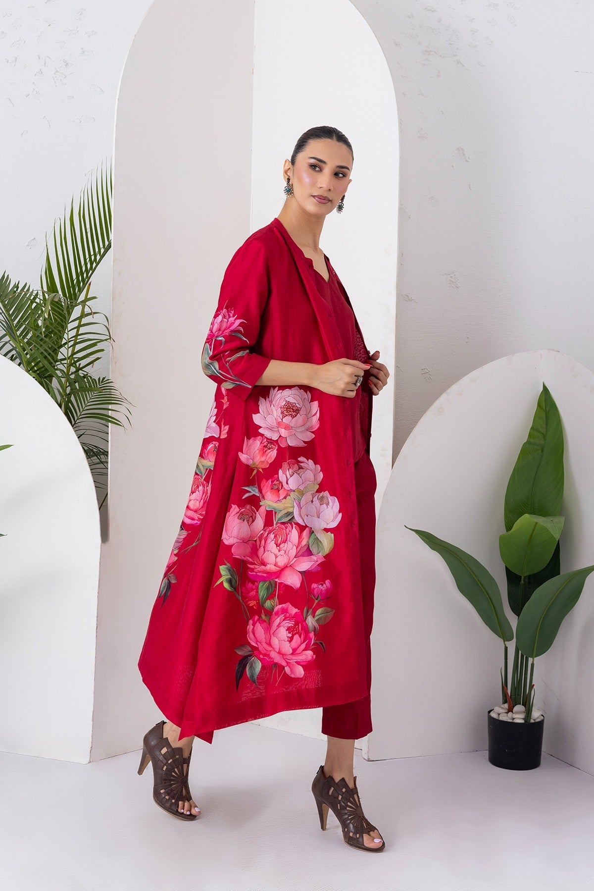 Maroon Silk Chanderi Printed Front Open Dress Set (3 PCS)