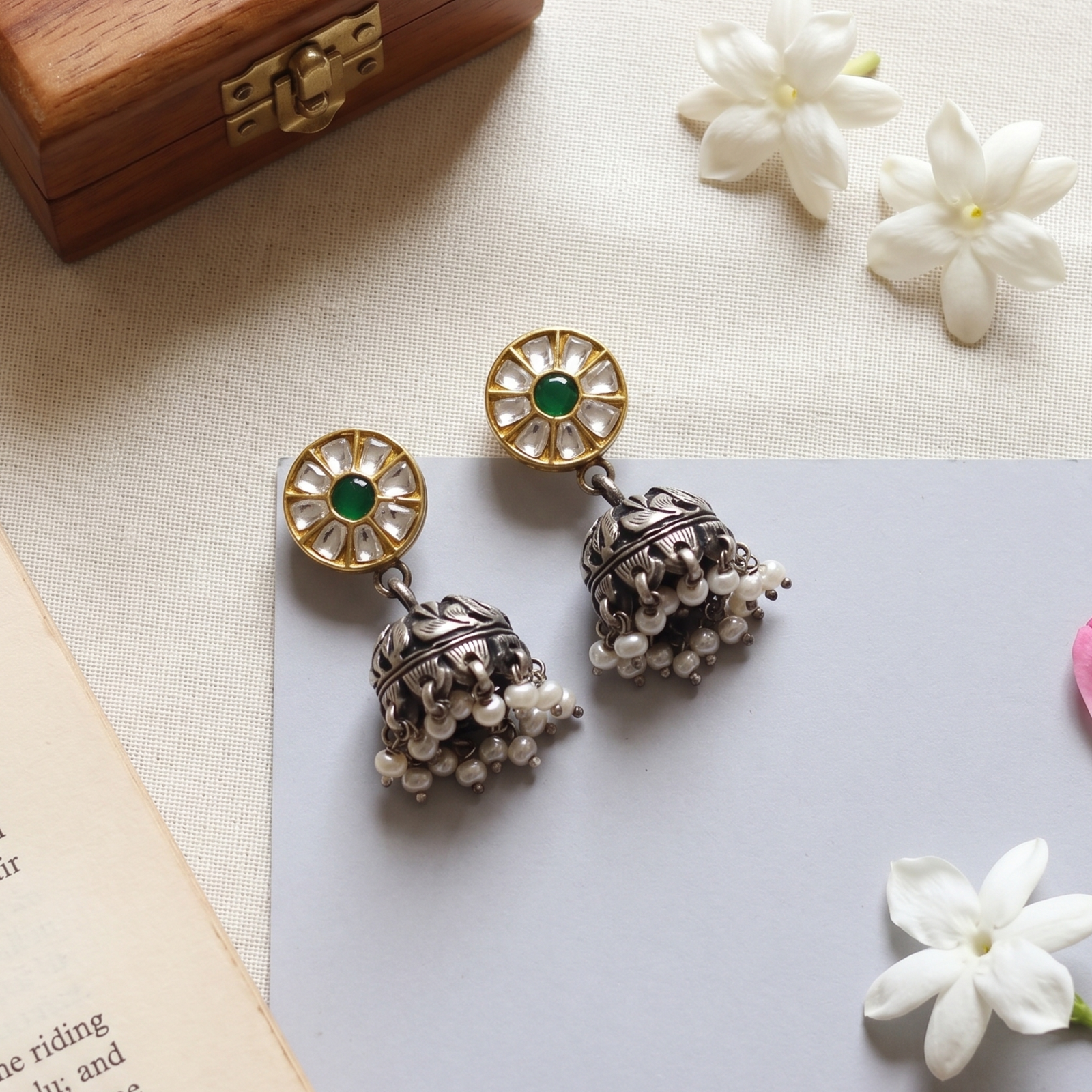 Sangeeta Boochra Dual Tone Kundan Pearl Jhumka Earrings