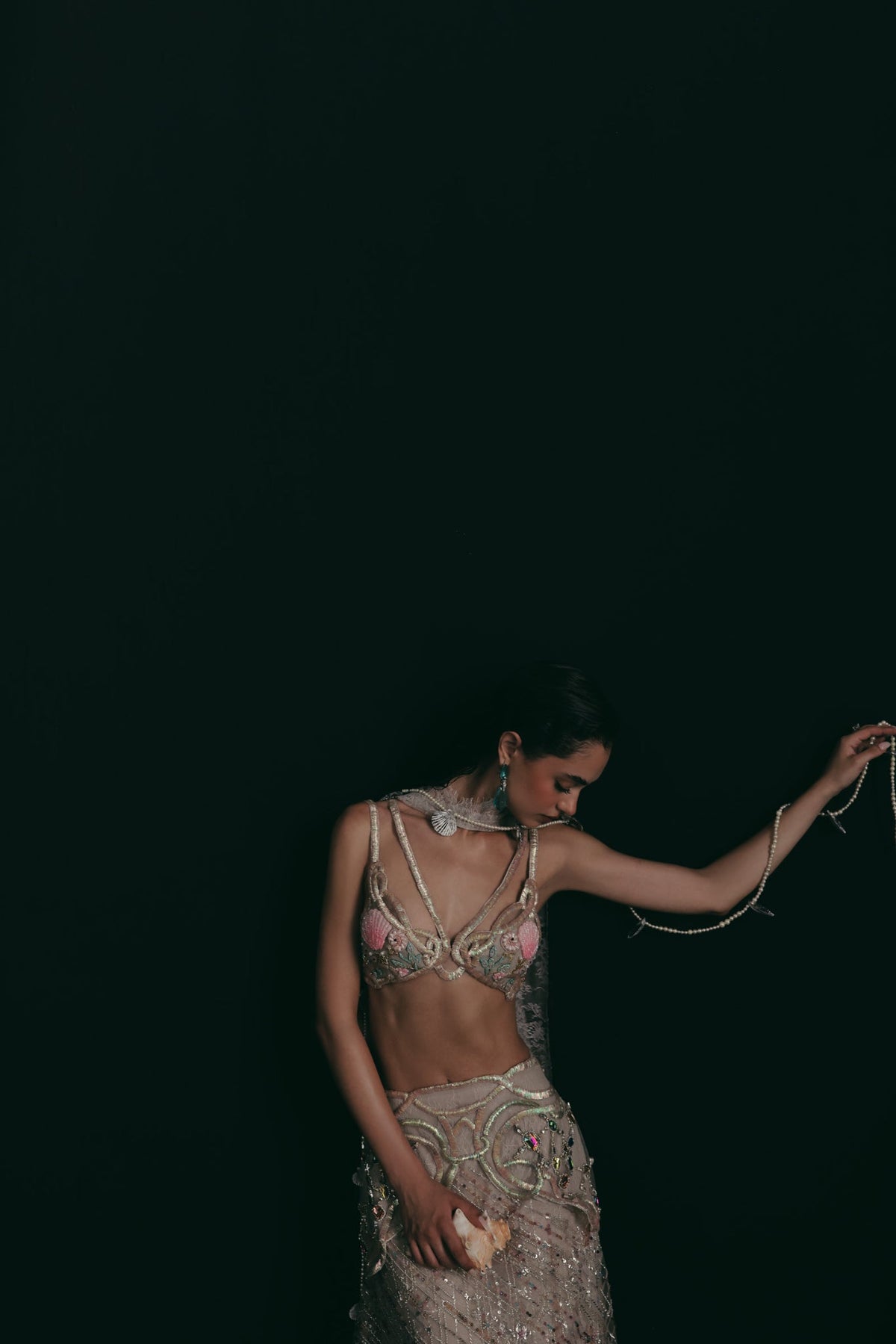 Beaded & Mukaish Embroidery, Tulle & Silk with Lace Detailing, Skirt Set, Crop Silhouette