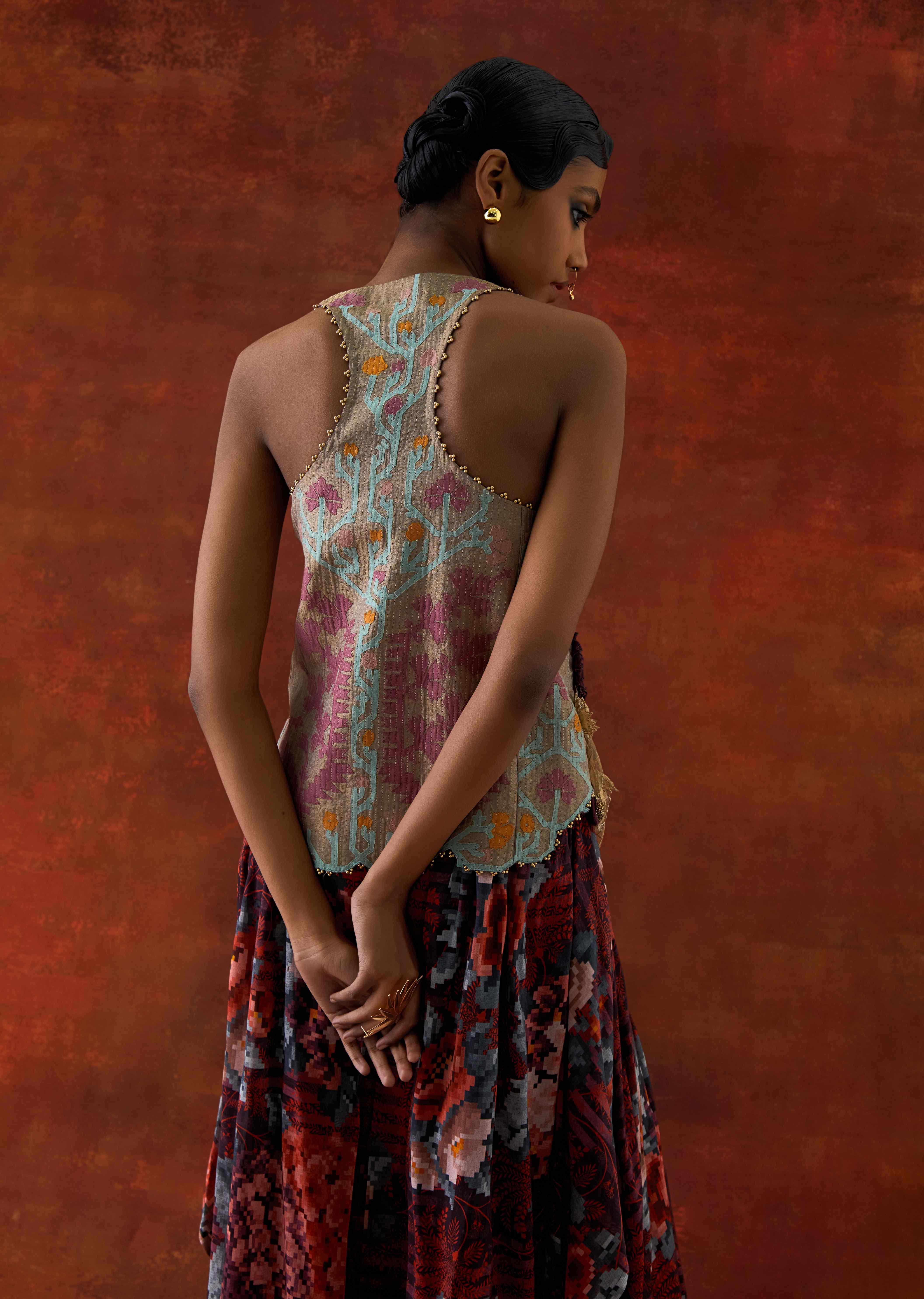 3D FLOWER RACER BACK JACKET + CASCADE SHIRT WITH PRINTED DRAPED SKIRT - image 6