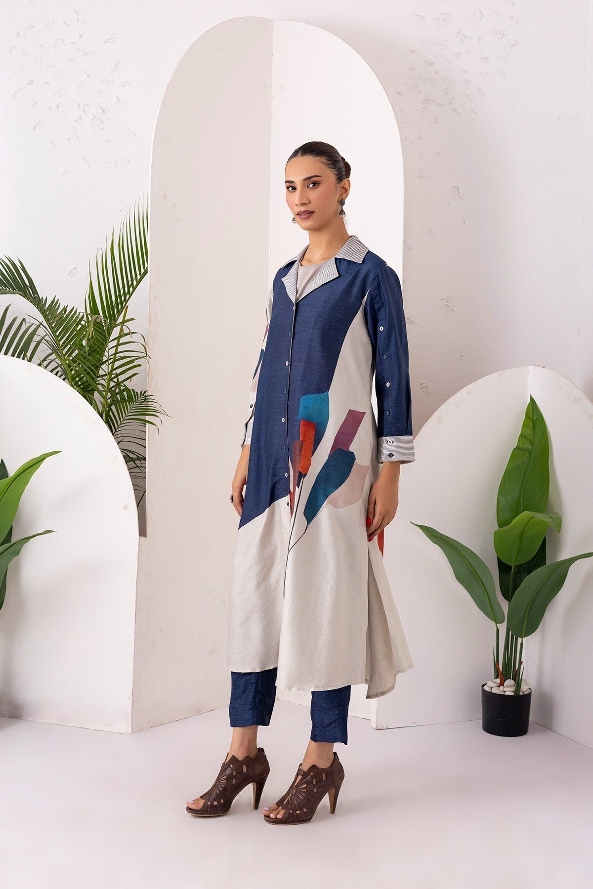 Blue & Ivory Silk Chanderi Printed Front Open Dress Set (3 PCS)
