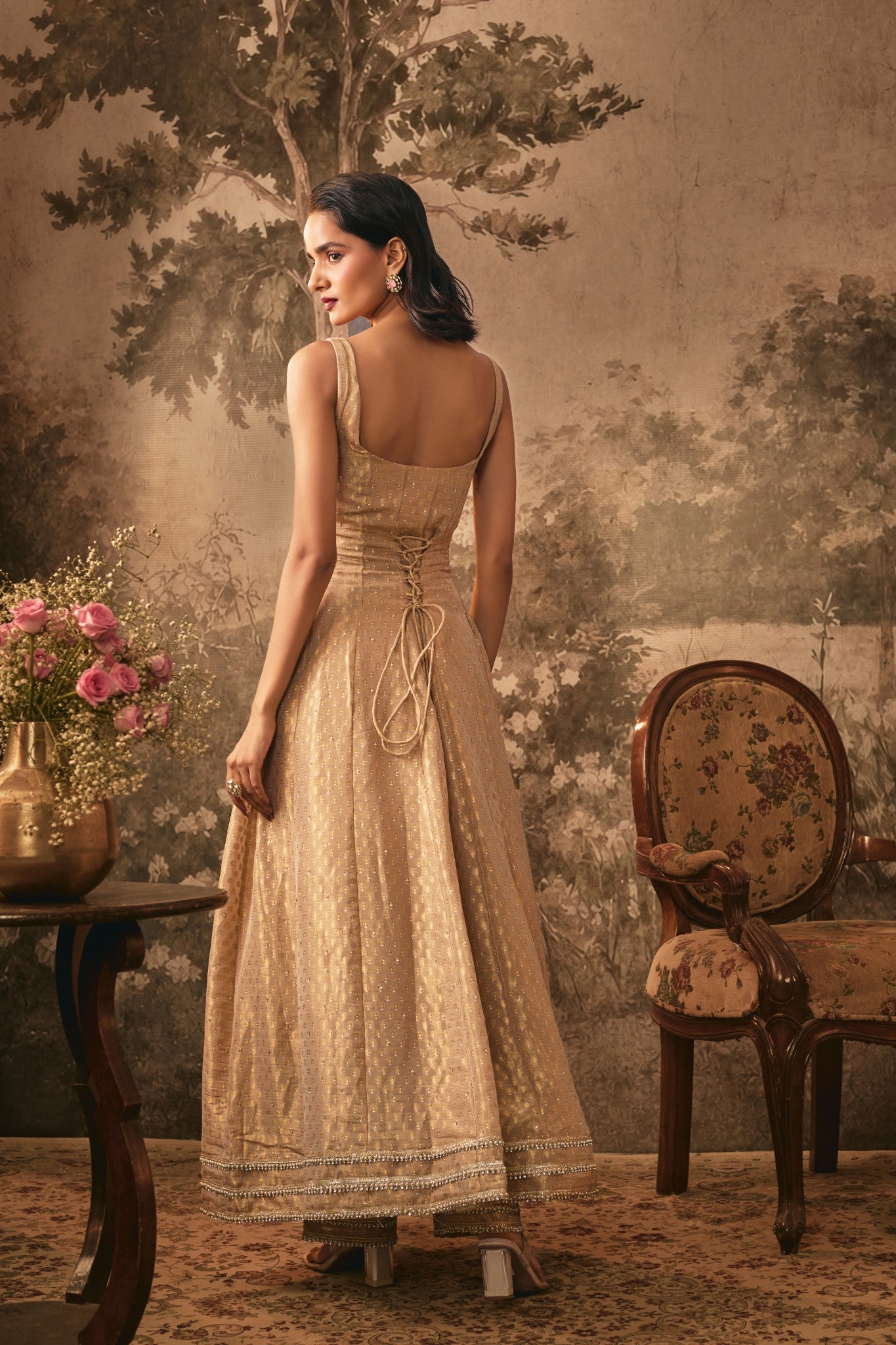 Muted Nude Gold Embellished Anarkali Set