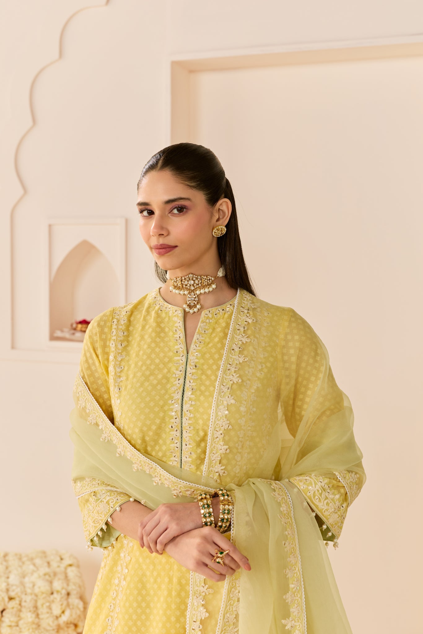 FIRDAUS -LEMON YELLOW LONG KALIDAAR CHAUGA WITH DOGRI SALWAR AND DUPATTA