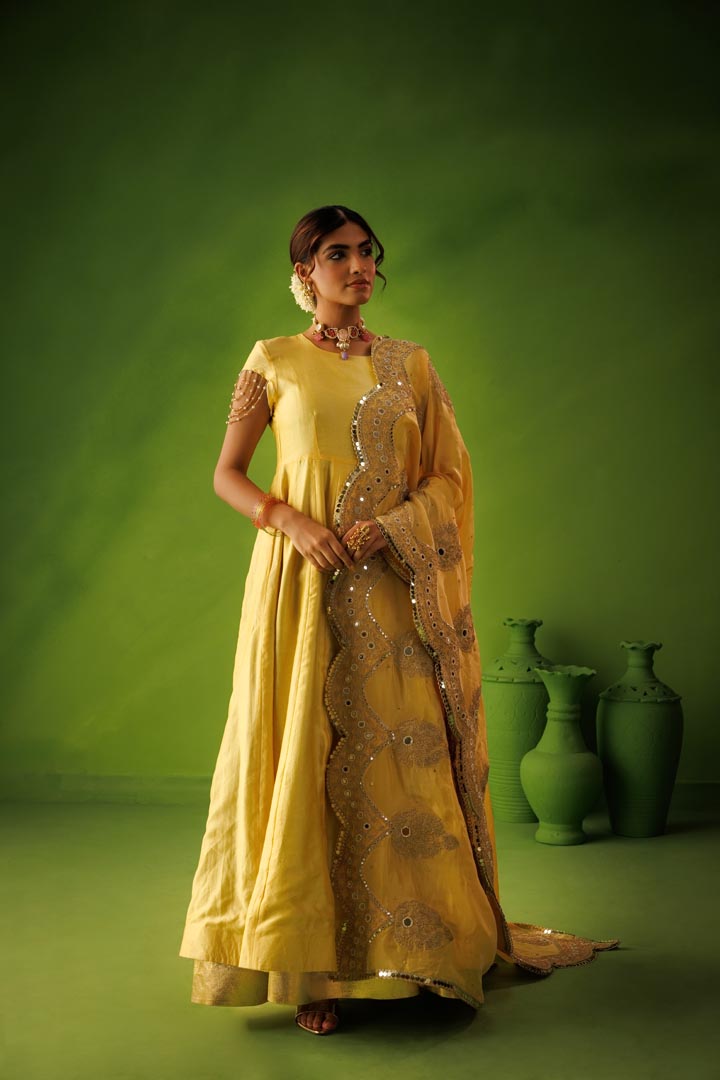 Powder blue and yellow reversible anarkali set with yellow  dupatta