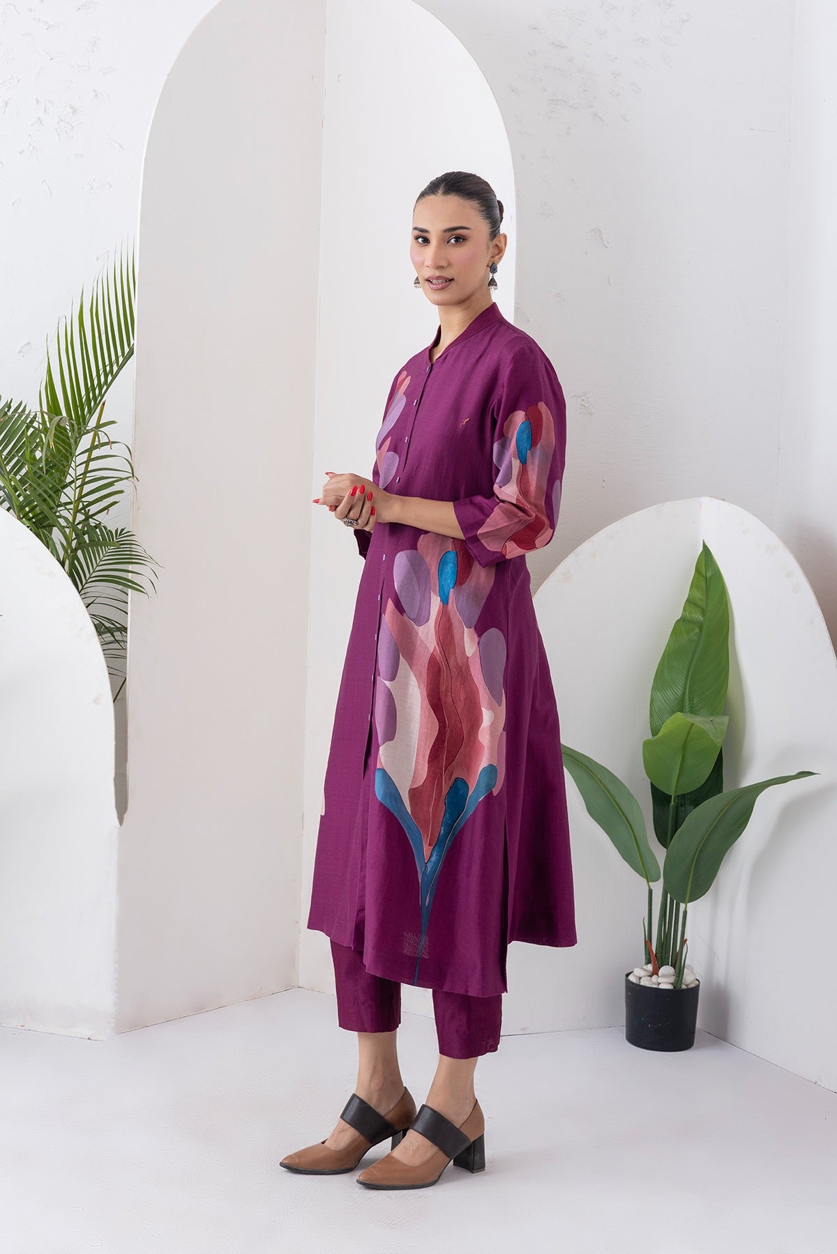 Wine Silk Chanderi Printed Dress Set (3 PCS)