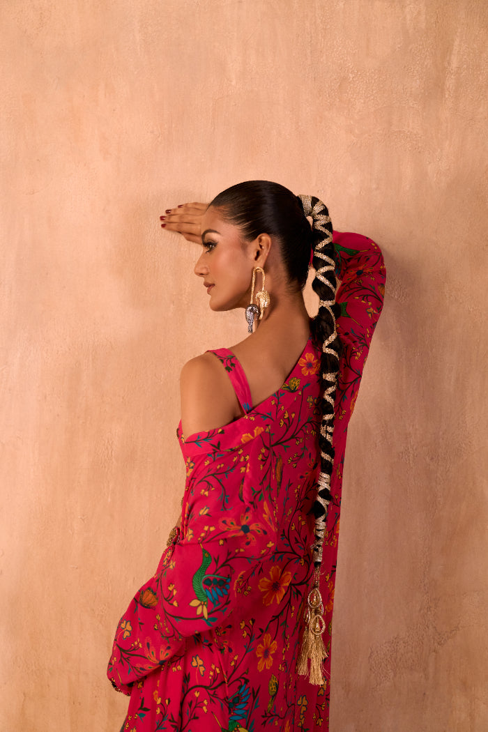 PINK PRINT EMBROIDERED CHOLI, DRAPED SKIRT AND JACKET SET - image 6