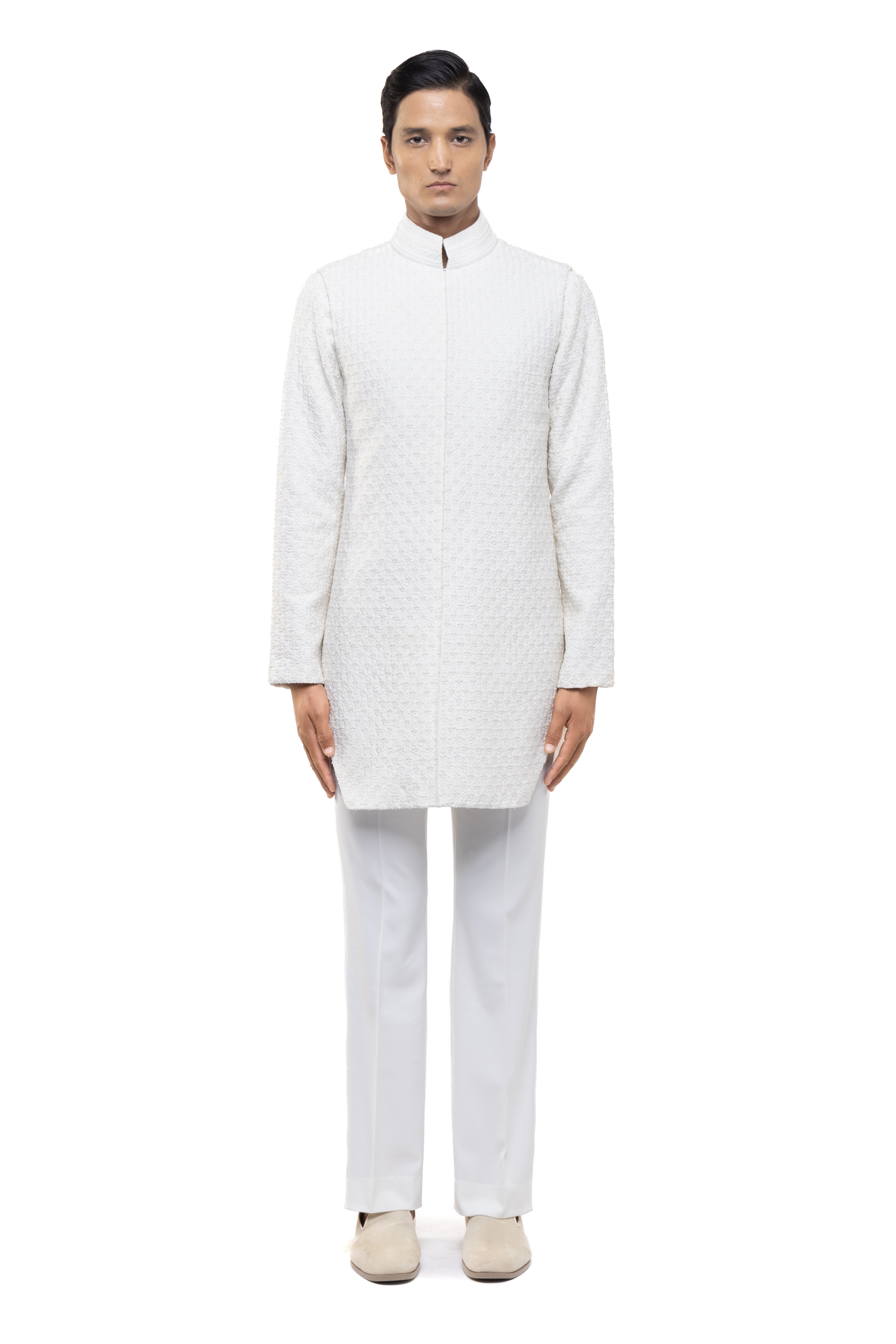 Ivory Silk Floral Embroidery Deconstructed Jacket & Achkan Set