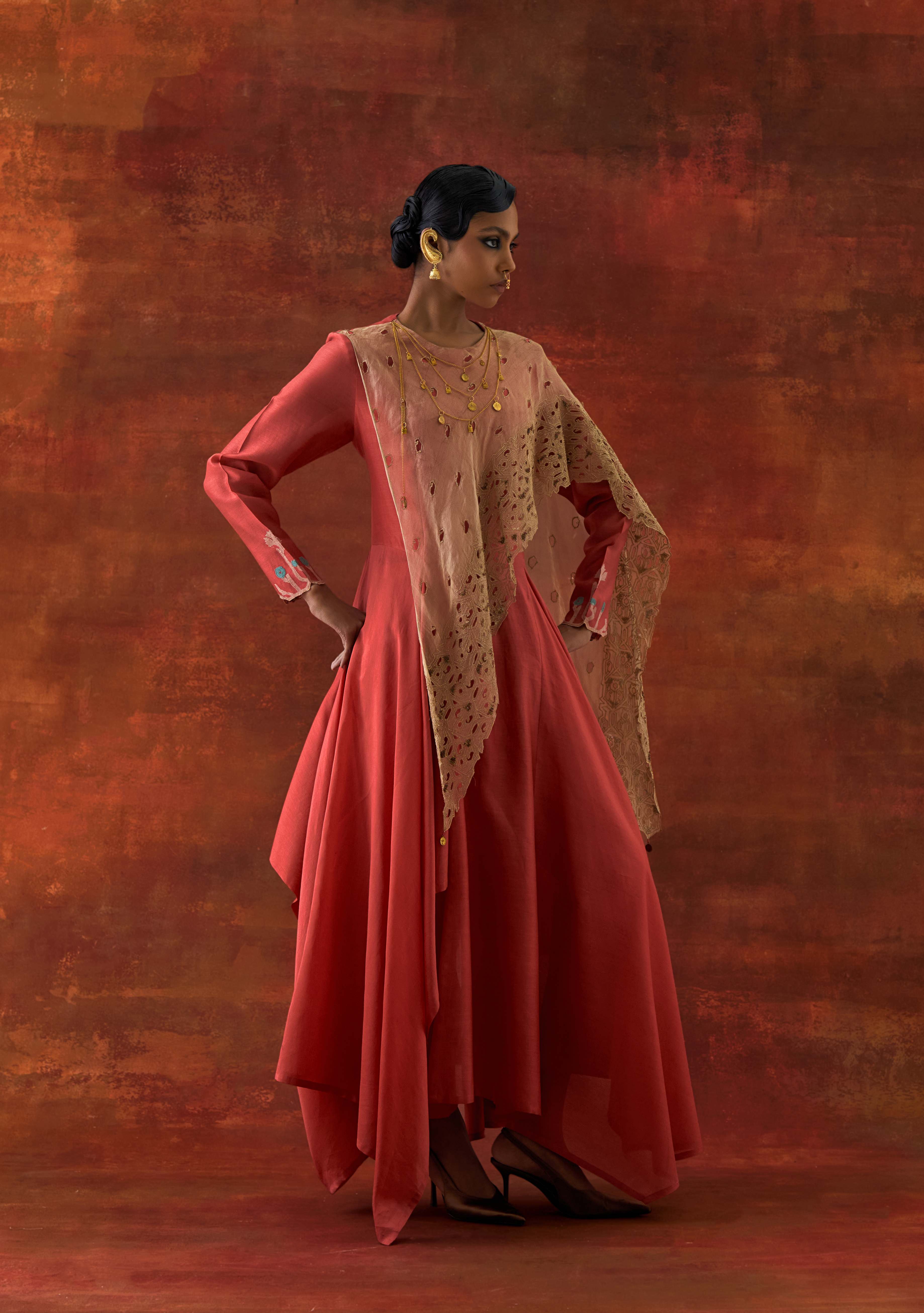 EMB GOLD TISSUE ATTACHED DRAPED KURTA WITH PANTS - image 6