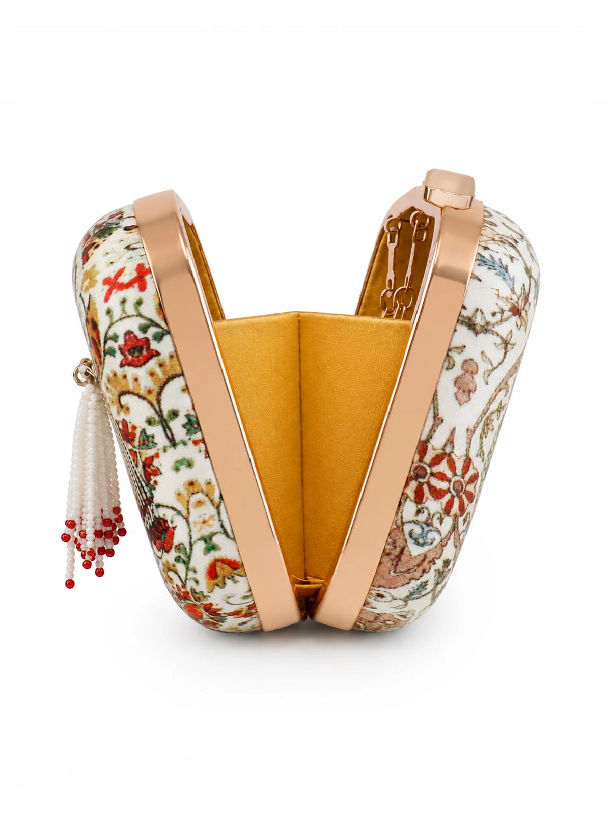 Ivory Floral Print Jewel Clutch Bag with Pearl Tassel