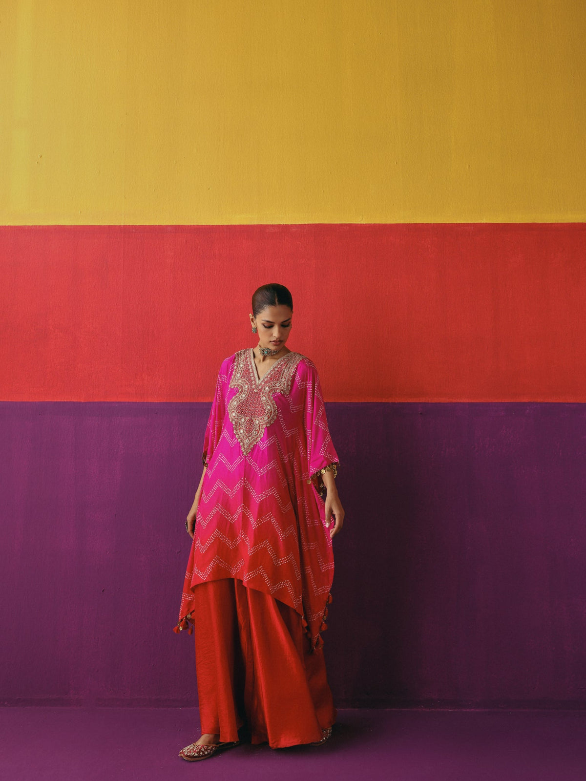 Zigzag Bandhni Kaftan with Sharara