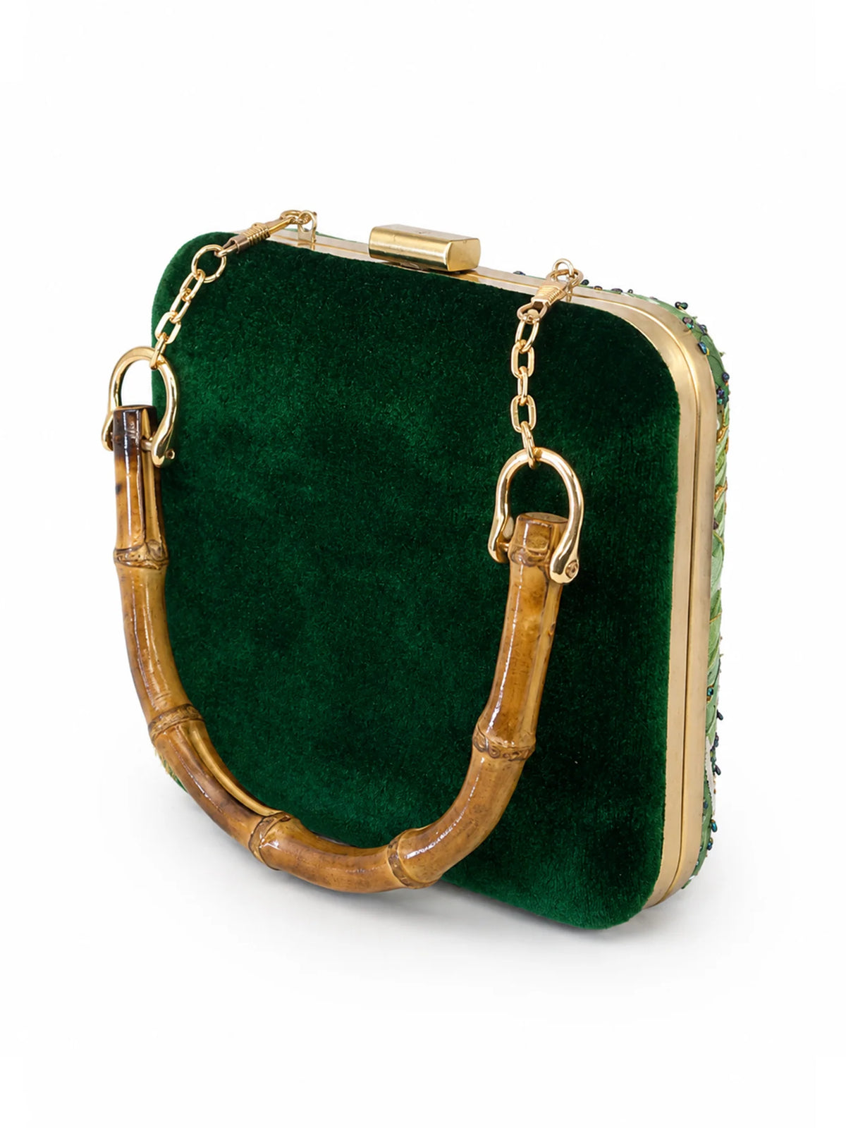 Green Parrot Embroidered Clutch Bag with Forest Print & Gold Tassel