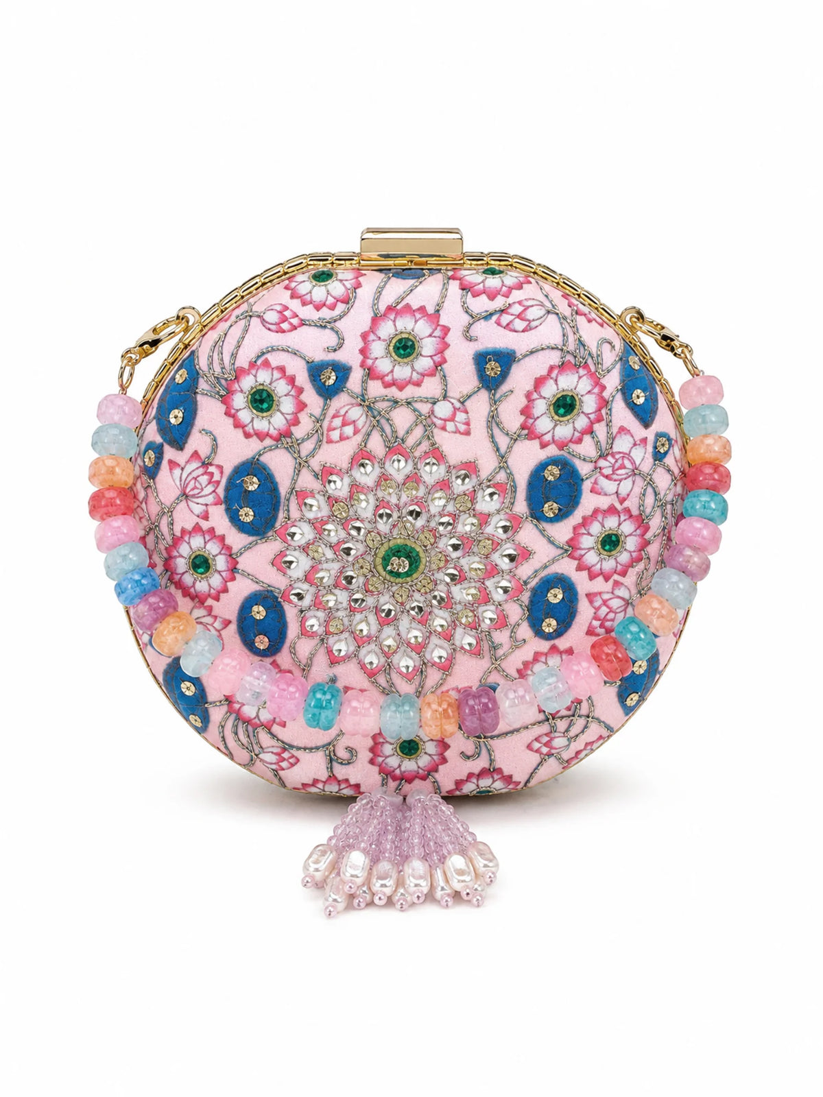 Pink Pichwai Lotus Embellished Round Clutch Bag with Beaded Handle