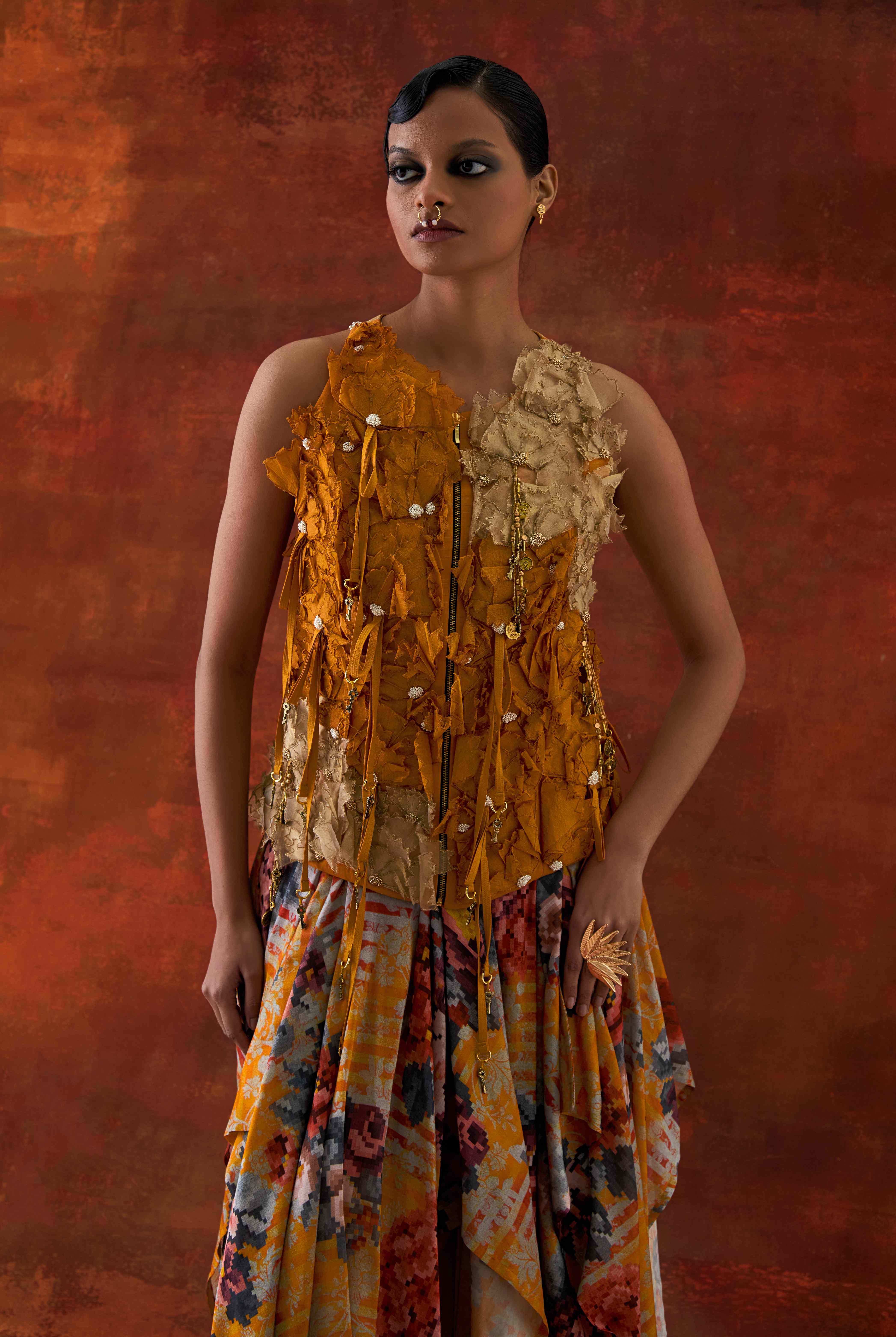 3D FLOWER RACER BACK JACKET + CASCADE SHIRT WITH PRINTED DRAPED SKIRT - image 6