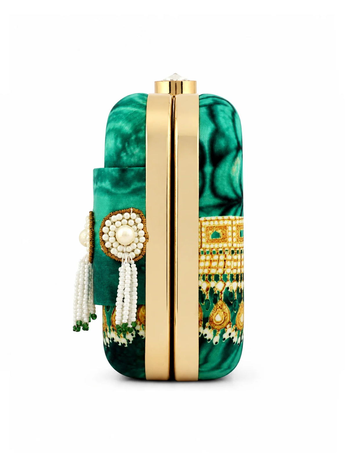 Green Jade Print Clutch Bag with Pearl Tassel Embellishment