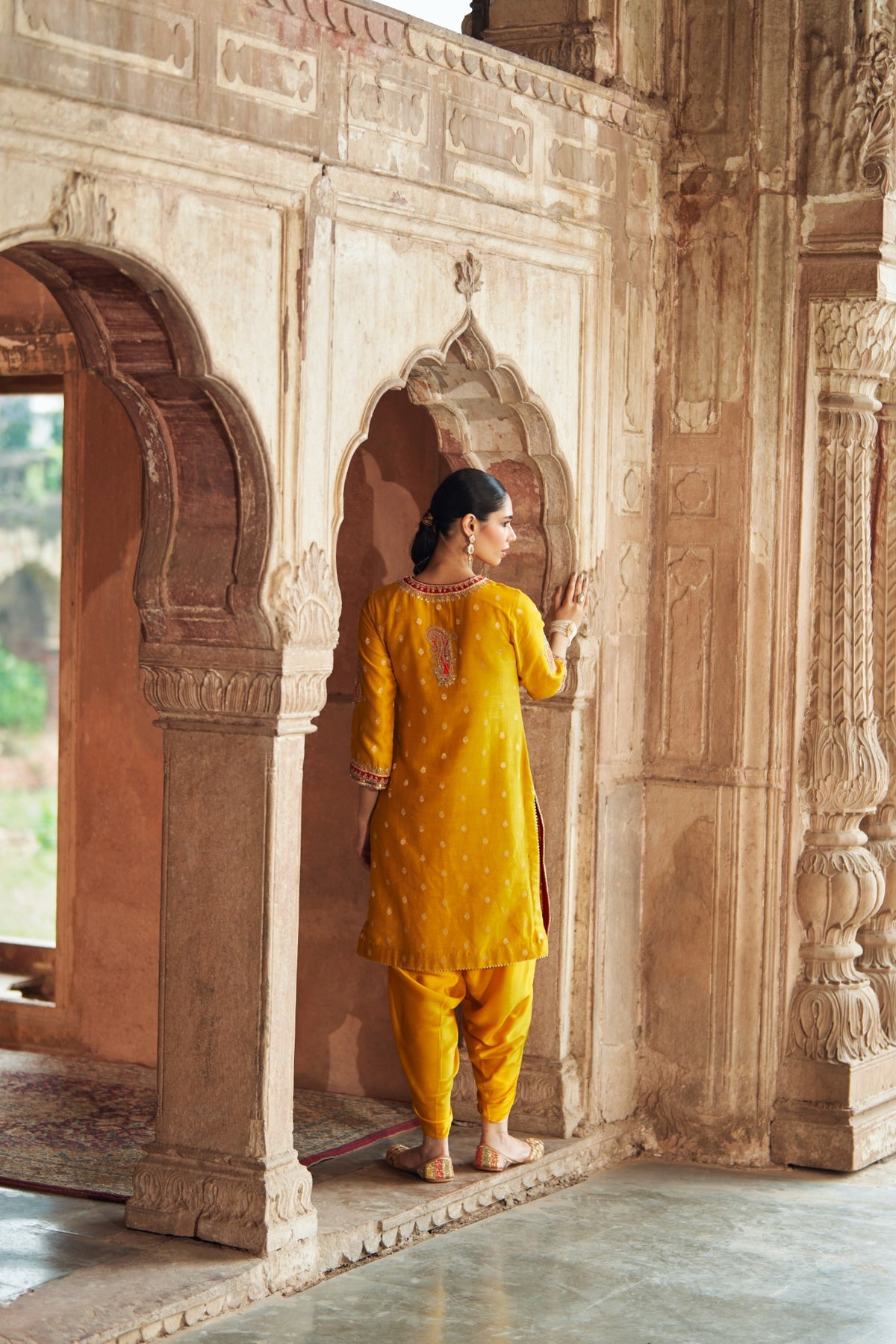 Mustard Silk Chanderi Short Kurta with Dhoti Salwar Set
