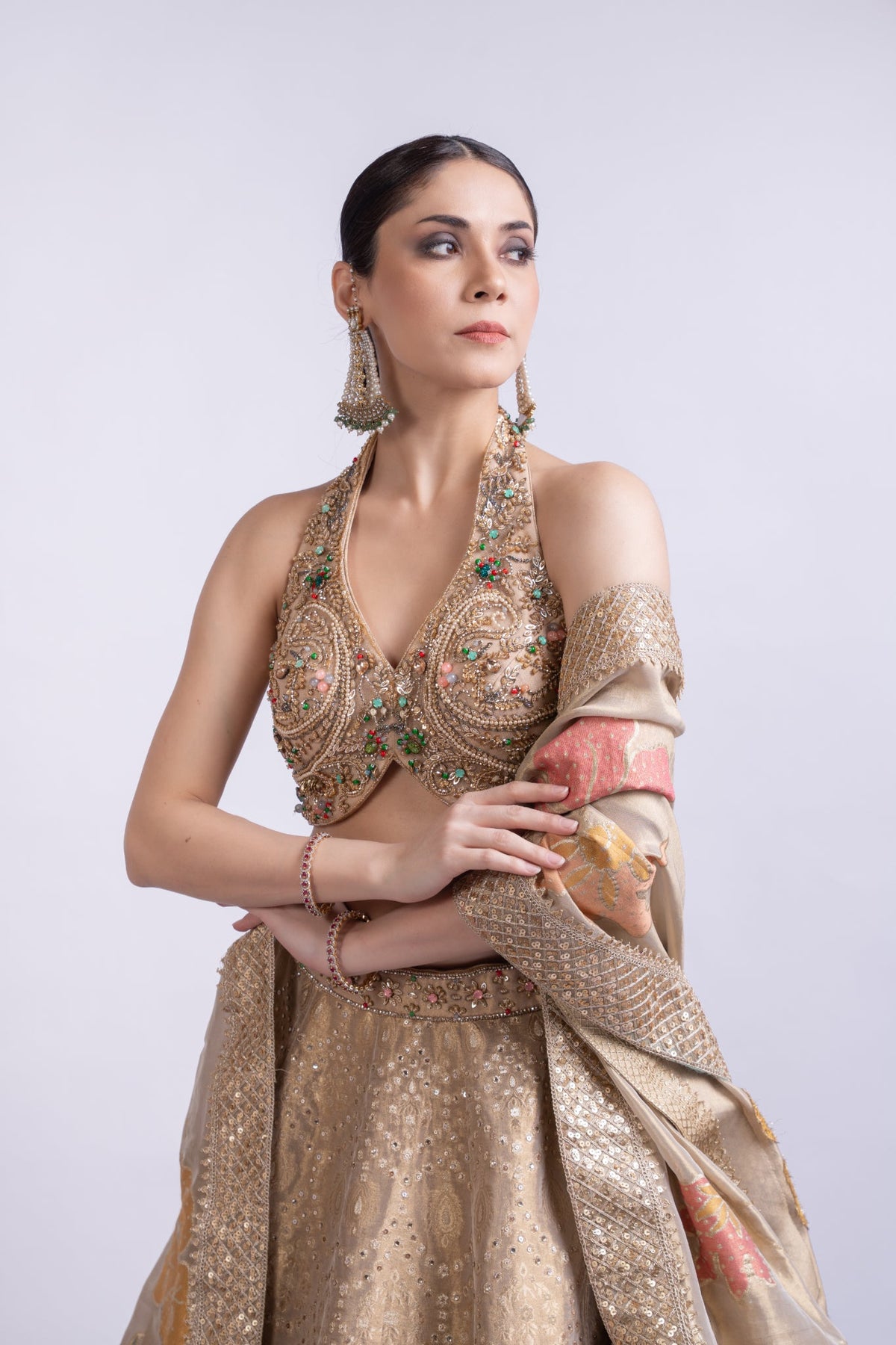 Golden Banarasi Embroidered Lehenga Set with Dupatta