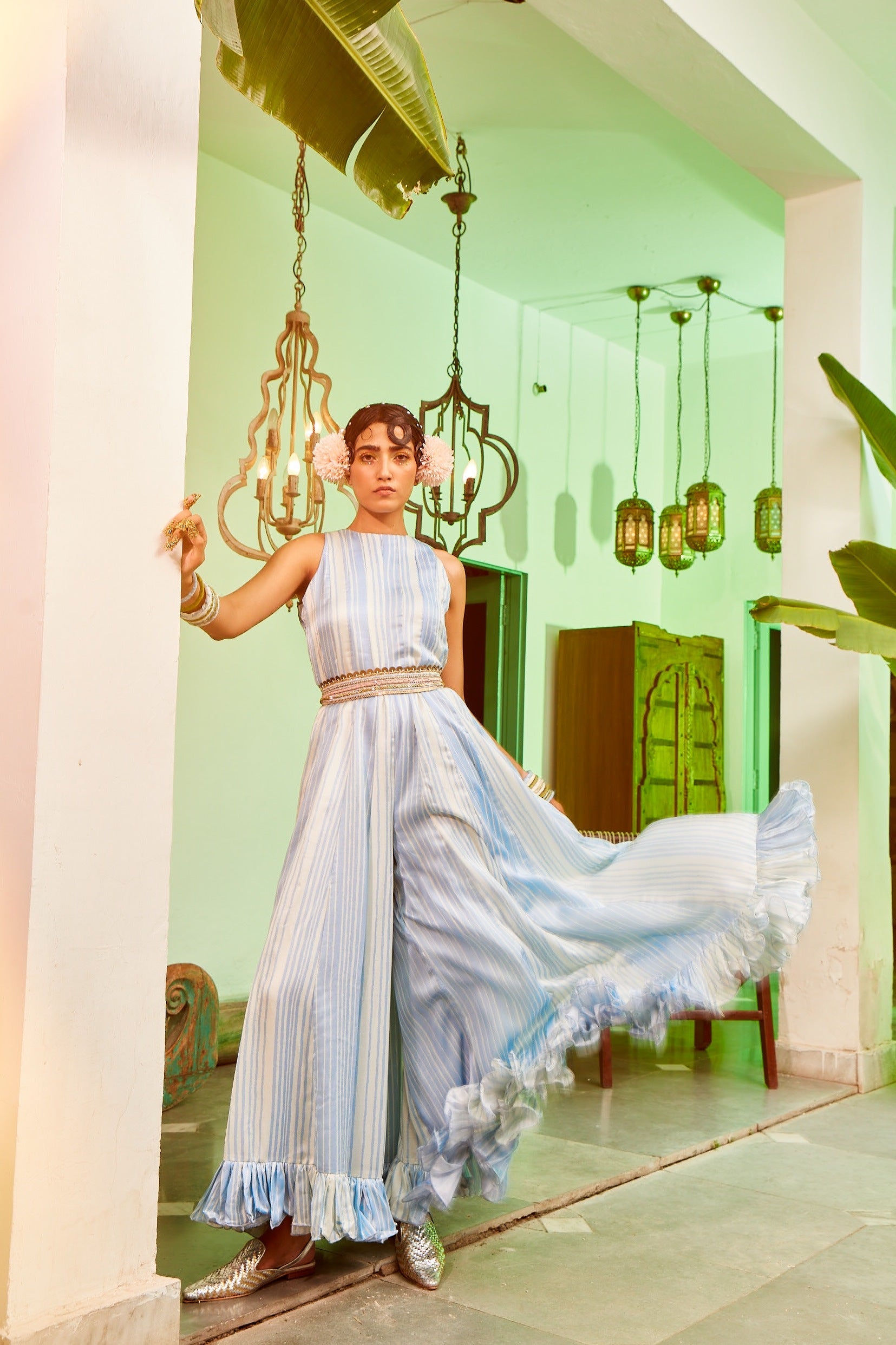 Powder Blue Frill Jumsuit With A Belt.