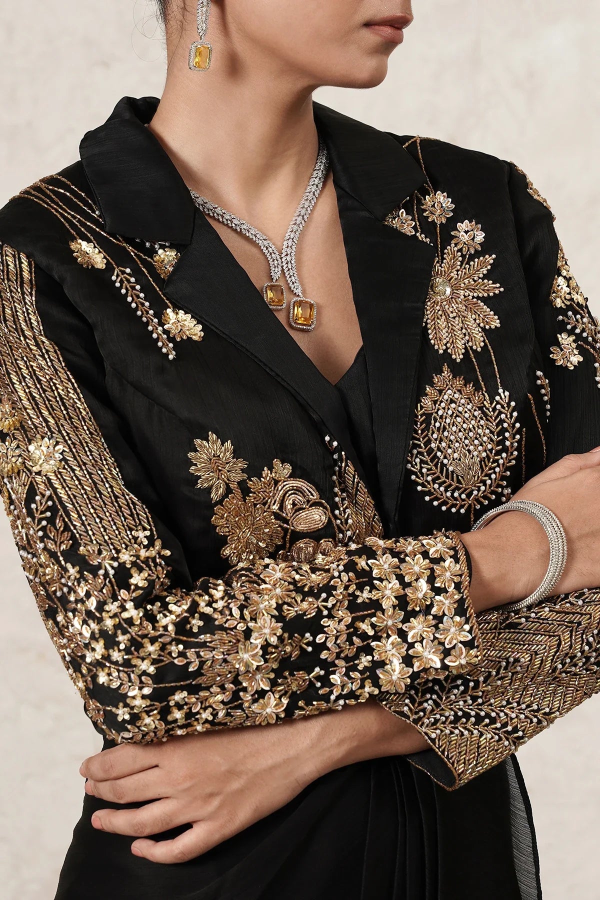 Raat Dhoti Saree Set with Hand-Embroidered Cropped Jacket | Black & Antique Gold | Women | THETAA