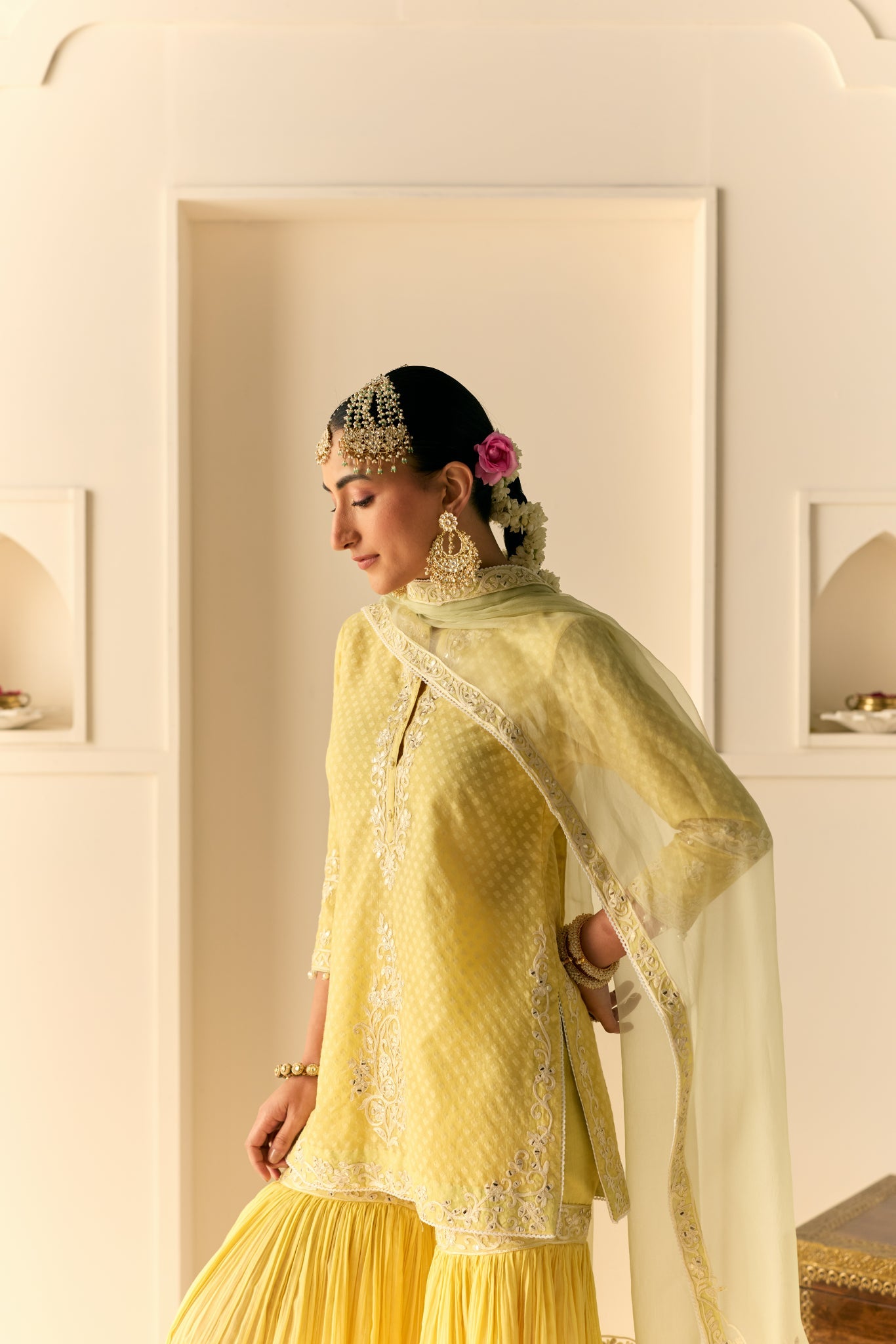 YASNEEN - LEMON YELLOW SHORT KURTA WITH GARARA AND DUPATTA