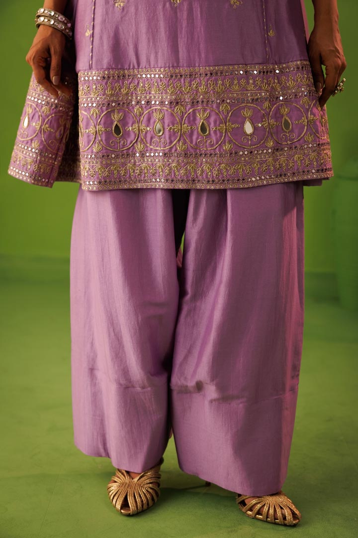 Purple A- line mirror work farshi salwar  set