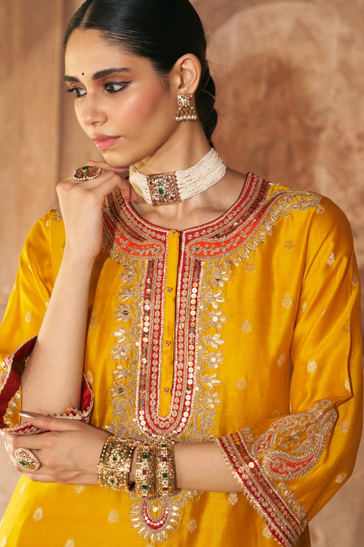 Mustard Banarasi Silk Short Kurta Salwar Set with Organza Dupatta