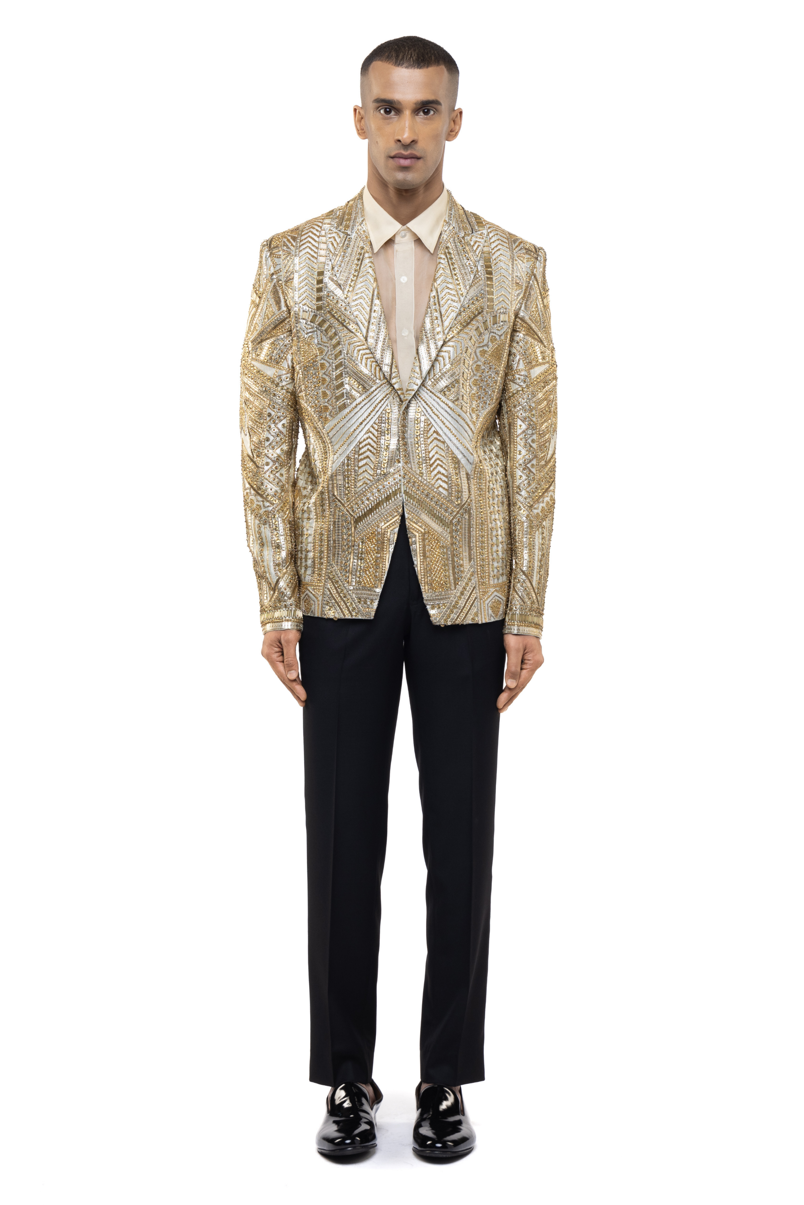 Golden Silk Embroidered Art Deco Tuxedo Set