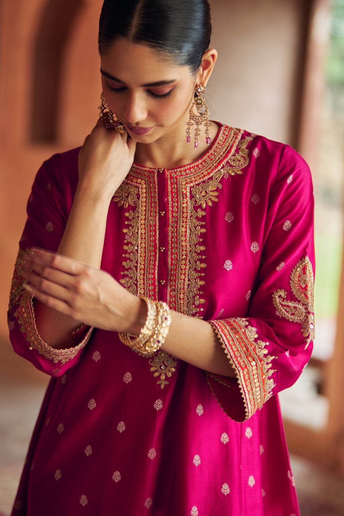 Hot Pink Silk Chanderi Chauga with Traditional Dogri Salwar