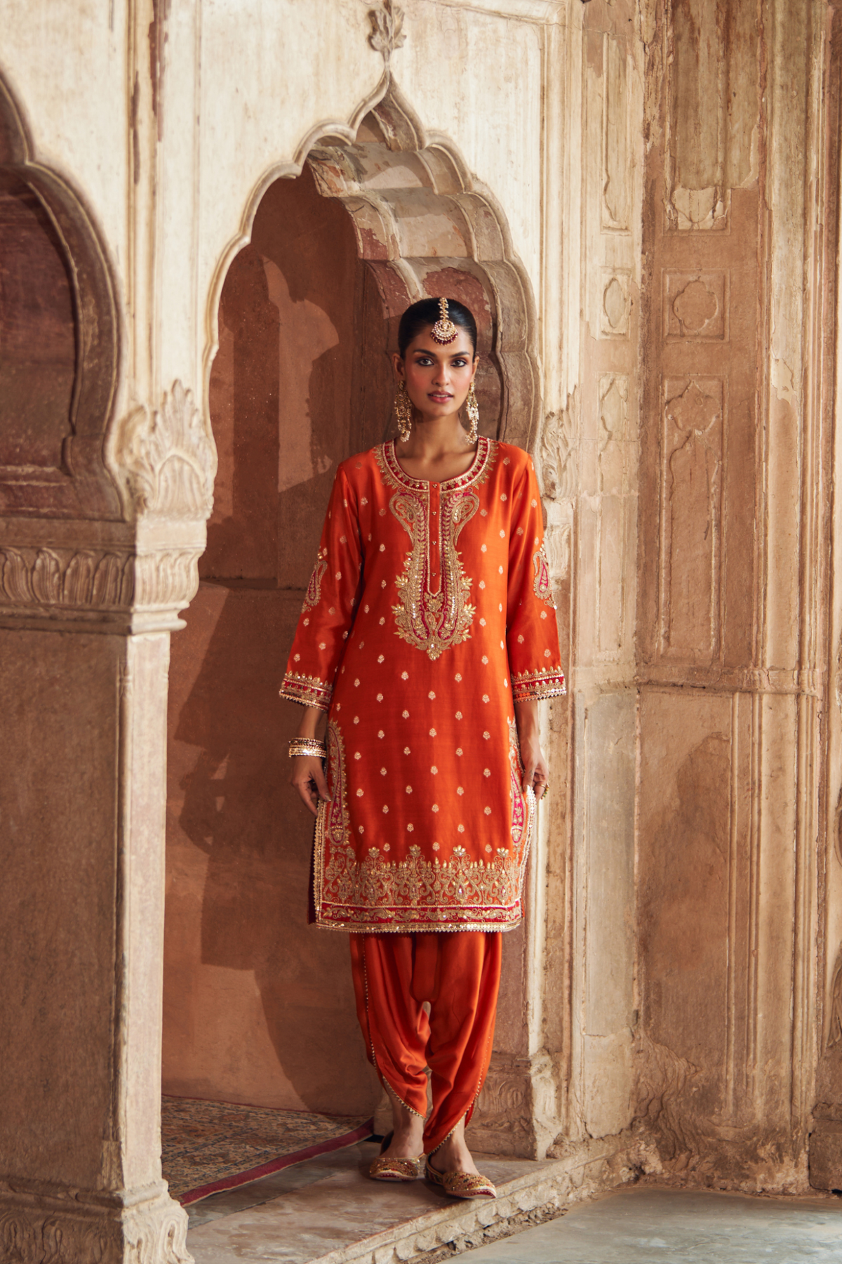 Burnt Orange Chanderi Silk Short Kurta with Dhoti Salwar Set