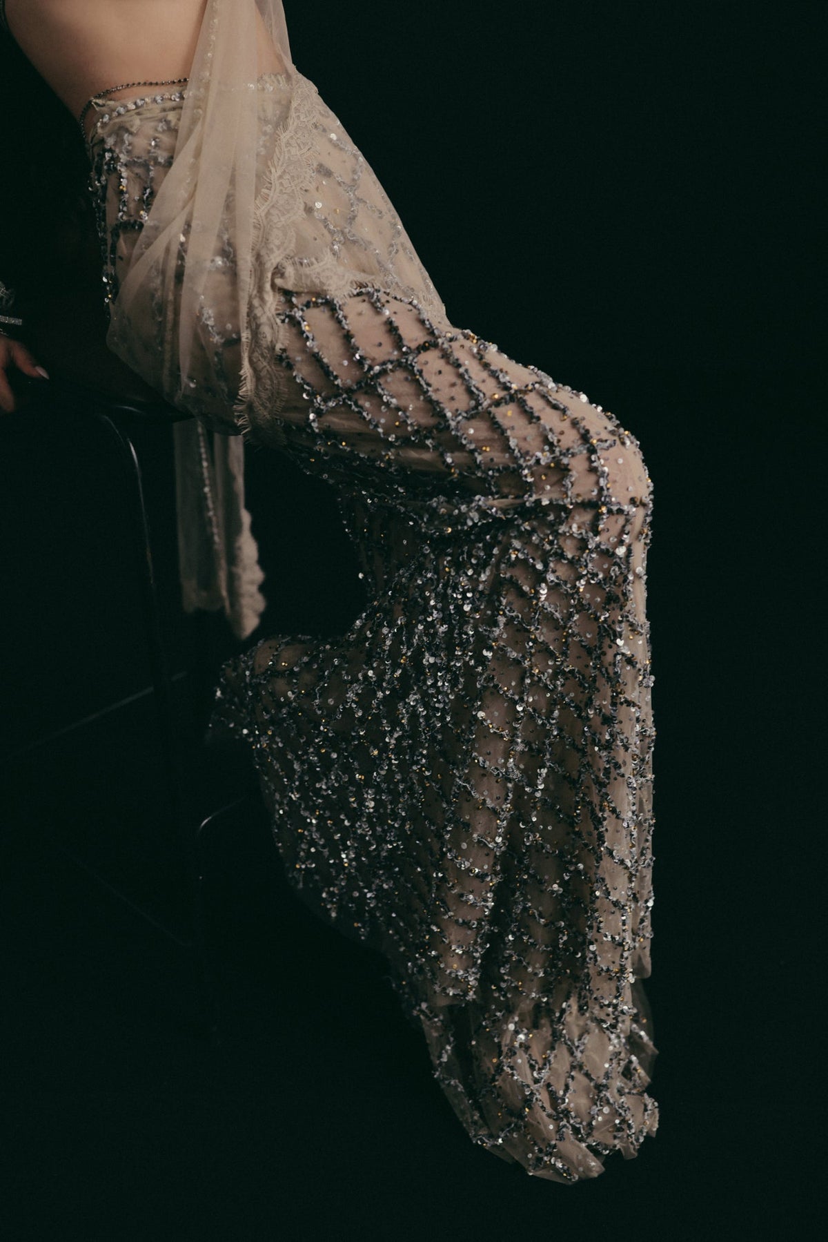 Zardosi Filigree Embroidery, Tulle & Silk with French Lace, Pant Set, Halter Crop Silhouette