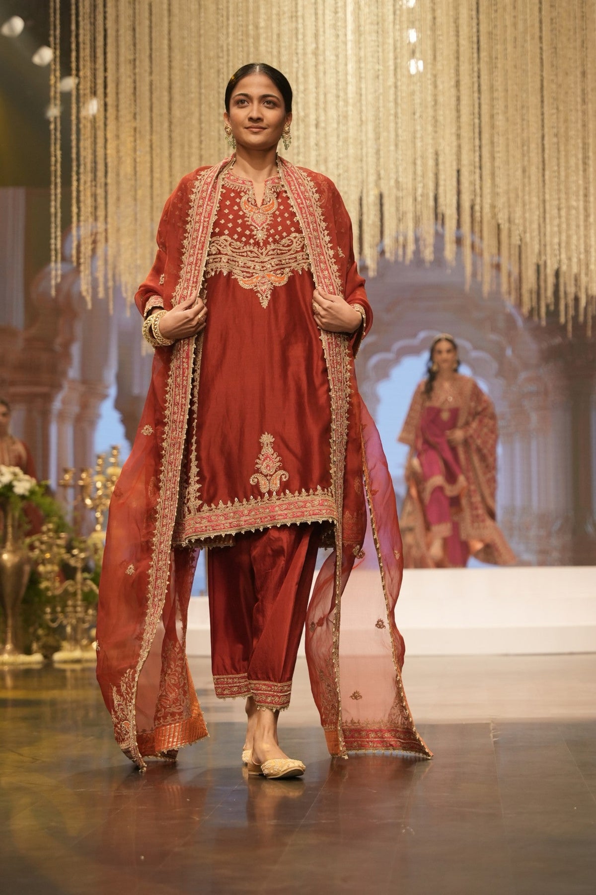 Shahzain - Deep Red Knee Length Kalidaar Chauga with Salwar and Khada Dupatta