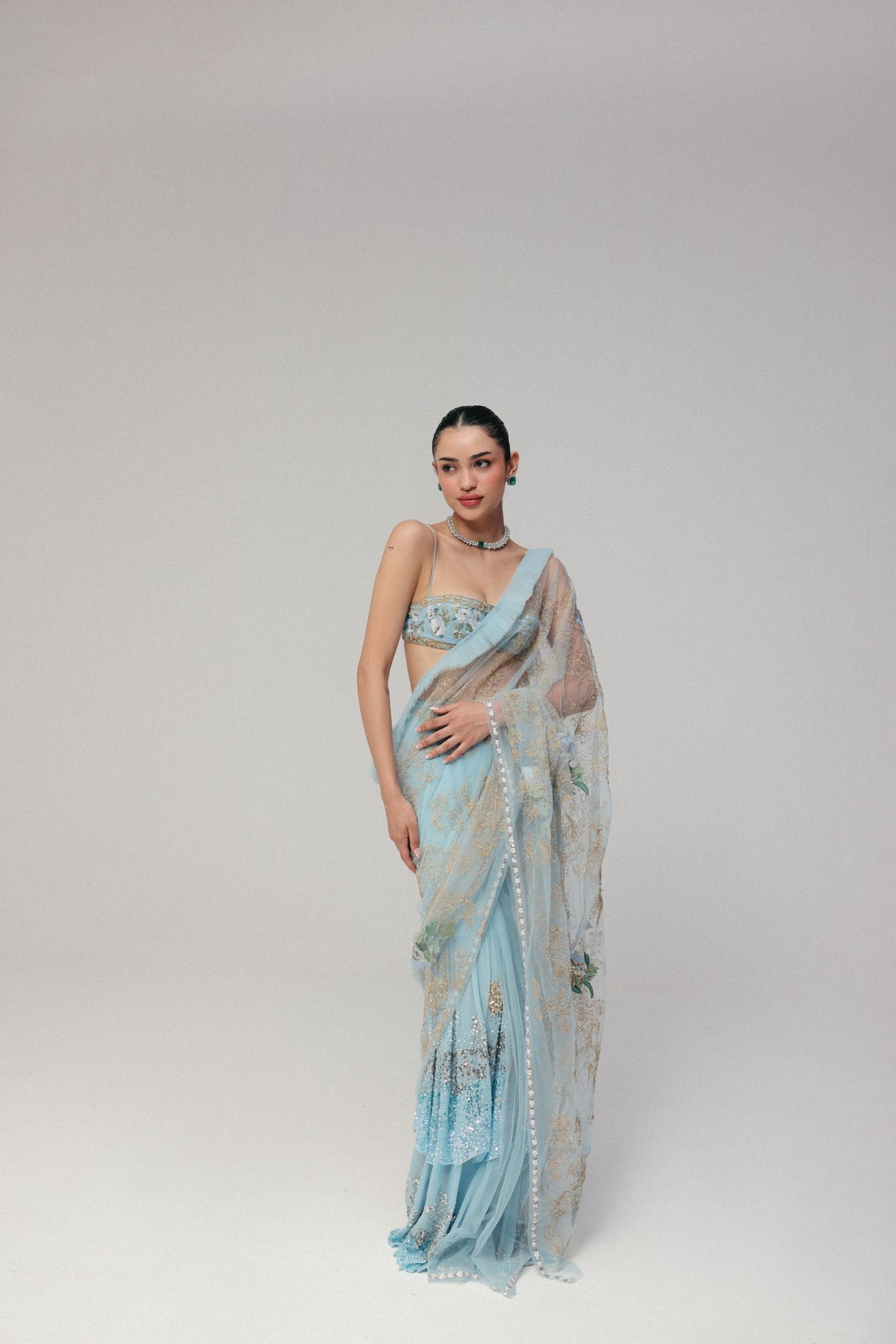 Floral & Zardosi Embroidery, Silk Georgette & Tulle with French Lace, Stitched Saree Set, Blouse Silhouette