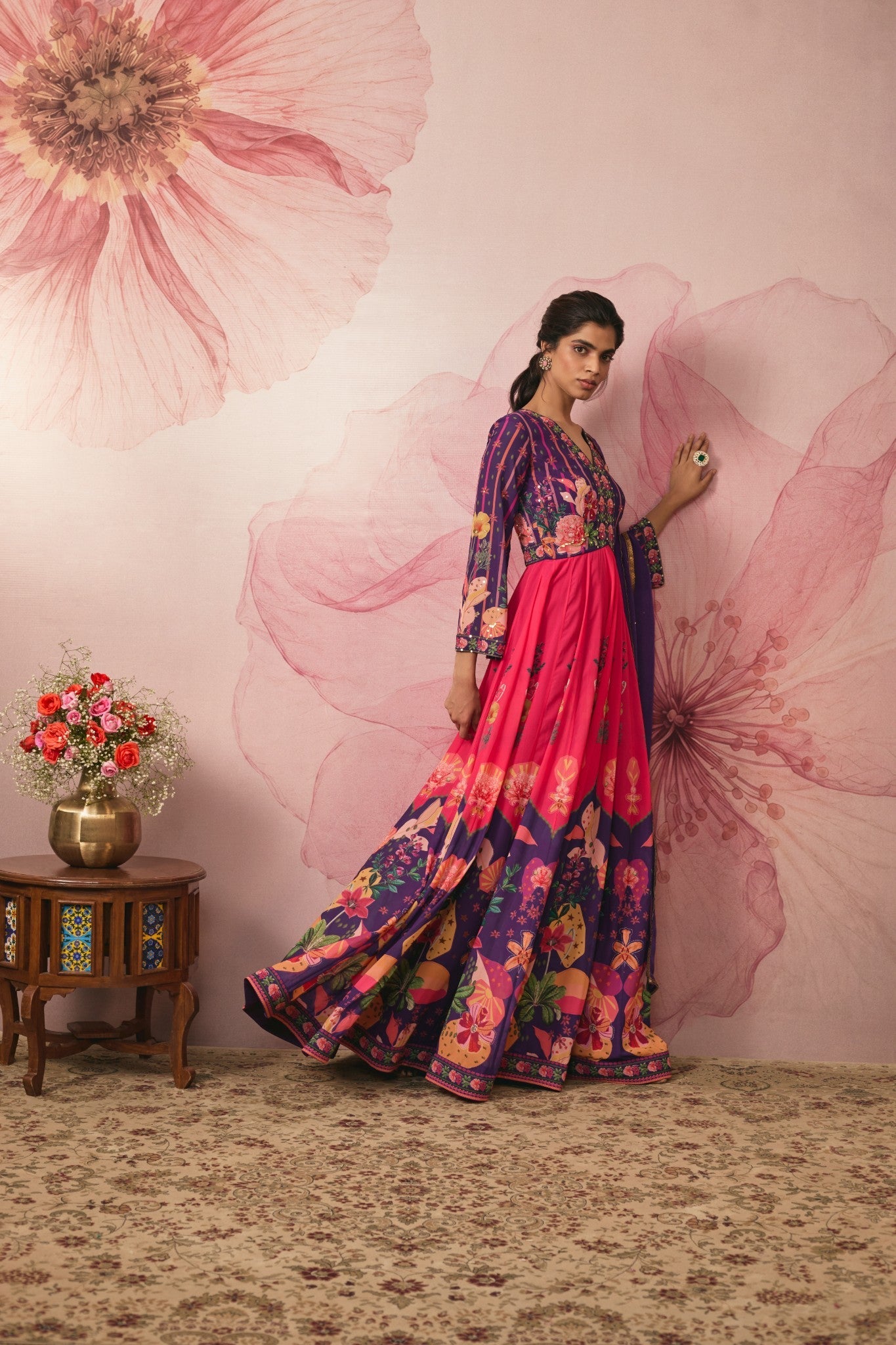 VIOLET FLORAL PRINTED COLOR BLOCK GOWN SET