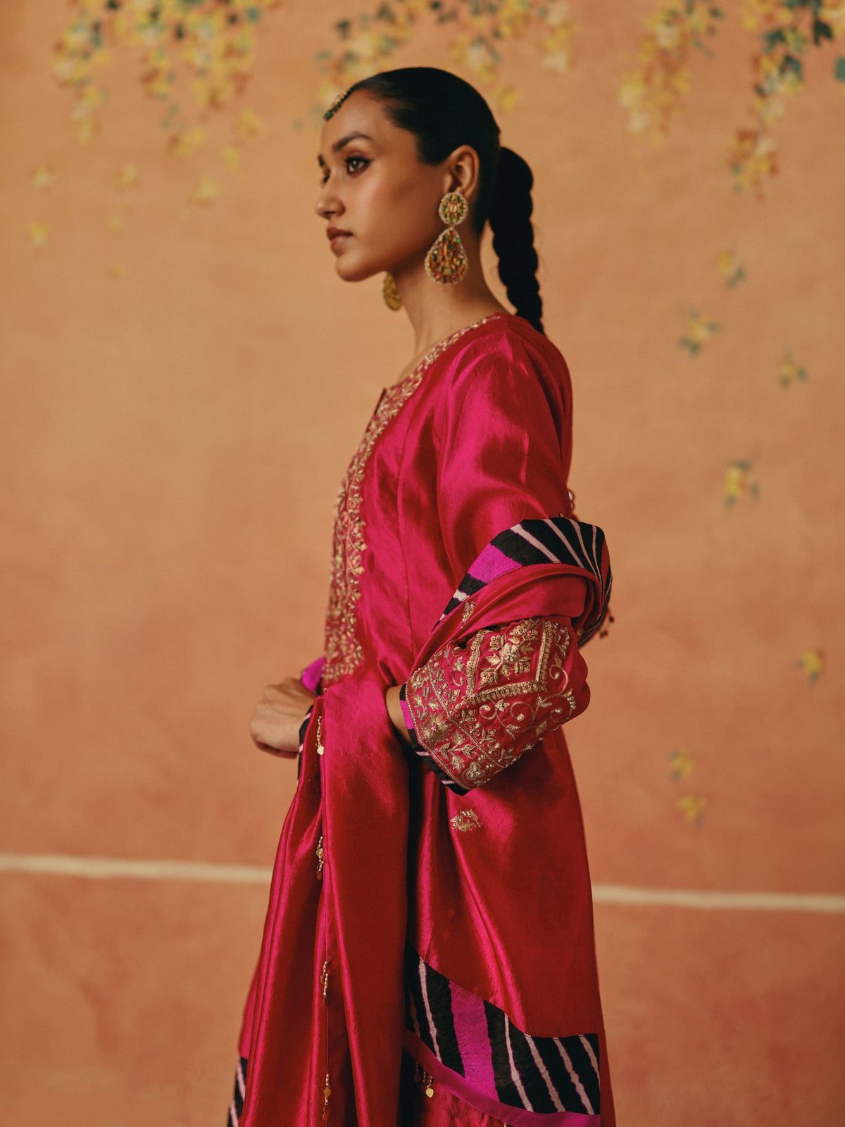 Red and Rani Leheriya Layered Anarkali